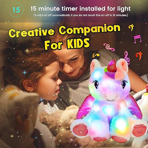 Vista 30 de Hopearl Unicornio adorable de peluche con luces LED, flexible, con luces de noche que brillan en la oscuridad, para festival, cumpleaños, niños