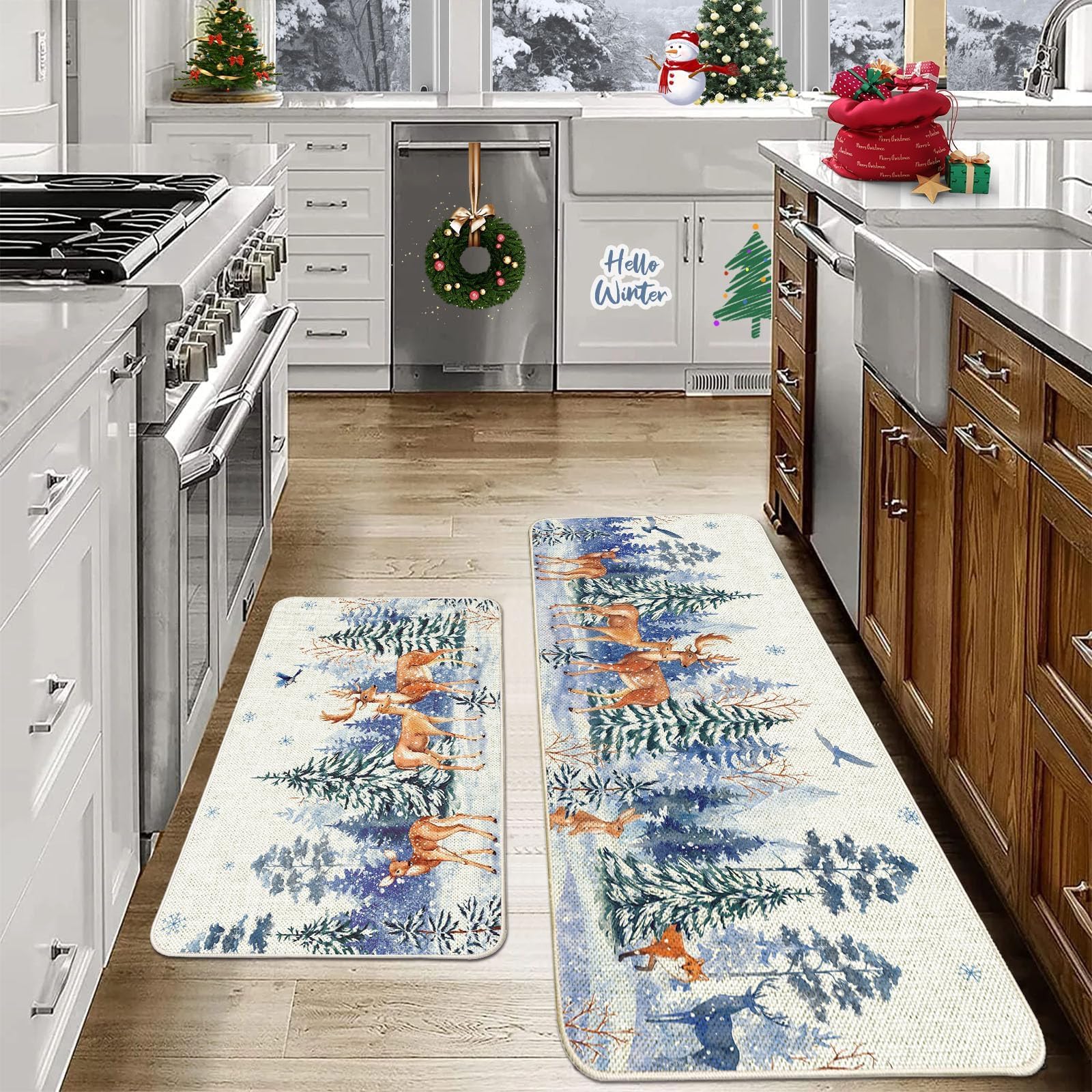 Baccessor Winter Forest Deer Kitchen Mats Set of 2, Trees Snow Winter Kitchen Rugs for Floor Non Slip Absorbent Winter Holiday Farmhouse Home Decor 17x29 and 17x47 Inch