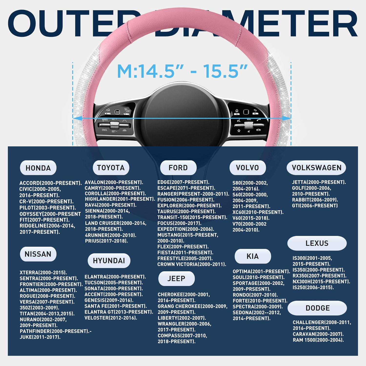 PIC AUTO Steering Wheel Cover, Sparkly Crystal Bling Glitter with Pink Leather, Universal Fit 14.5"-15.5" Car Steering Wheels for Girls & Women, Breathable Anti-Slip Steering Wheels Cover - Image 7