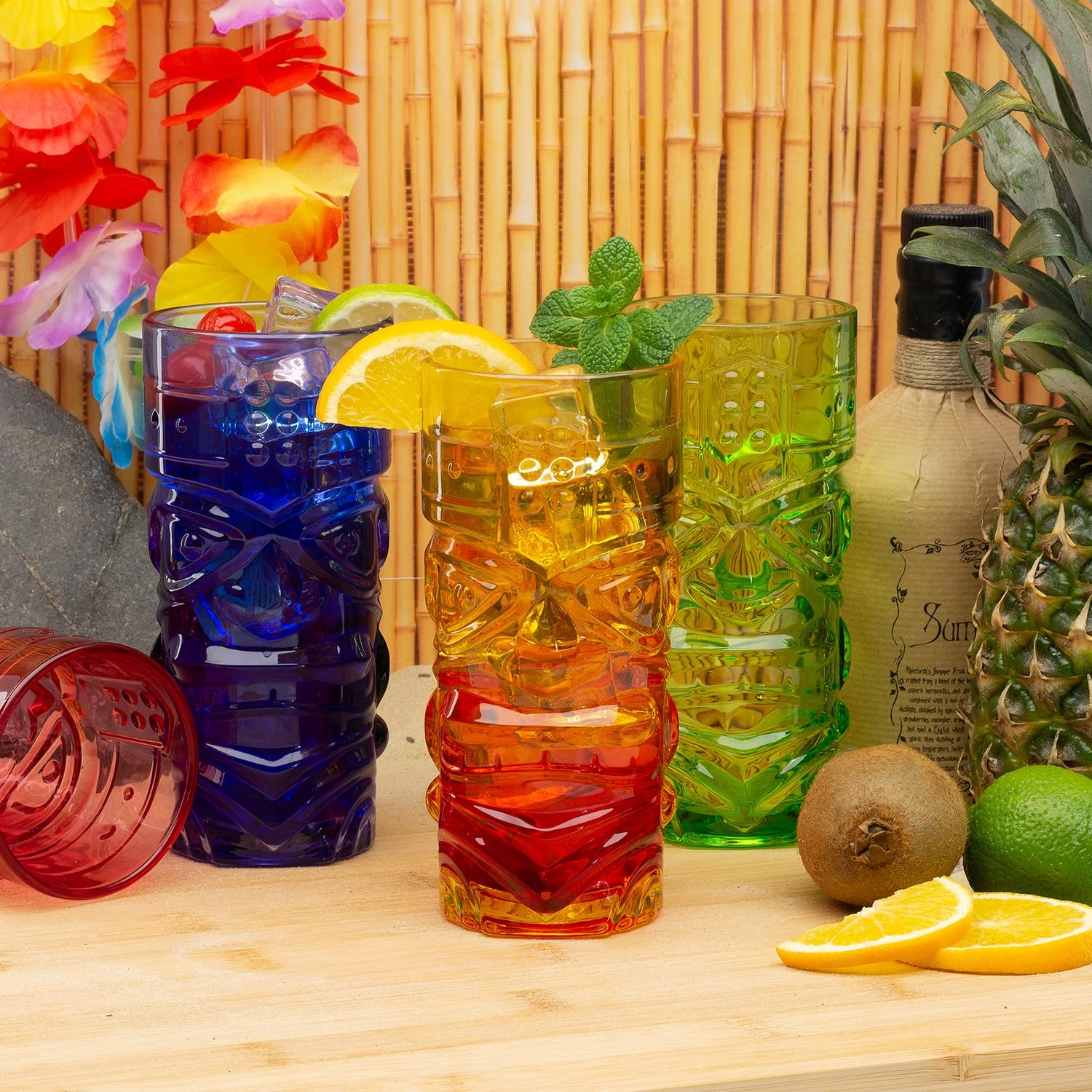 CKB LTD Juego de 4 vasos de cóctel Tiki Bar de colores, vasos altos ideales para fiestas hawaianas a base de ron, cócteles mixtos MAI Tai Long Island o cócteles zombies, 450 ml, juego de 4