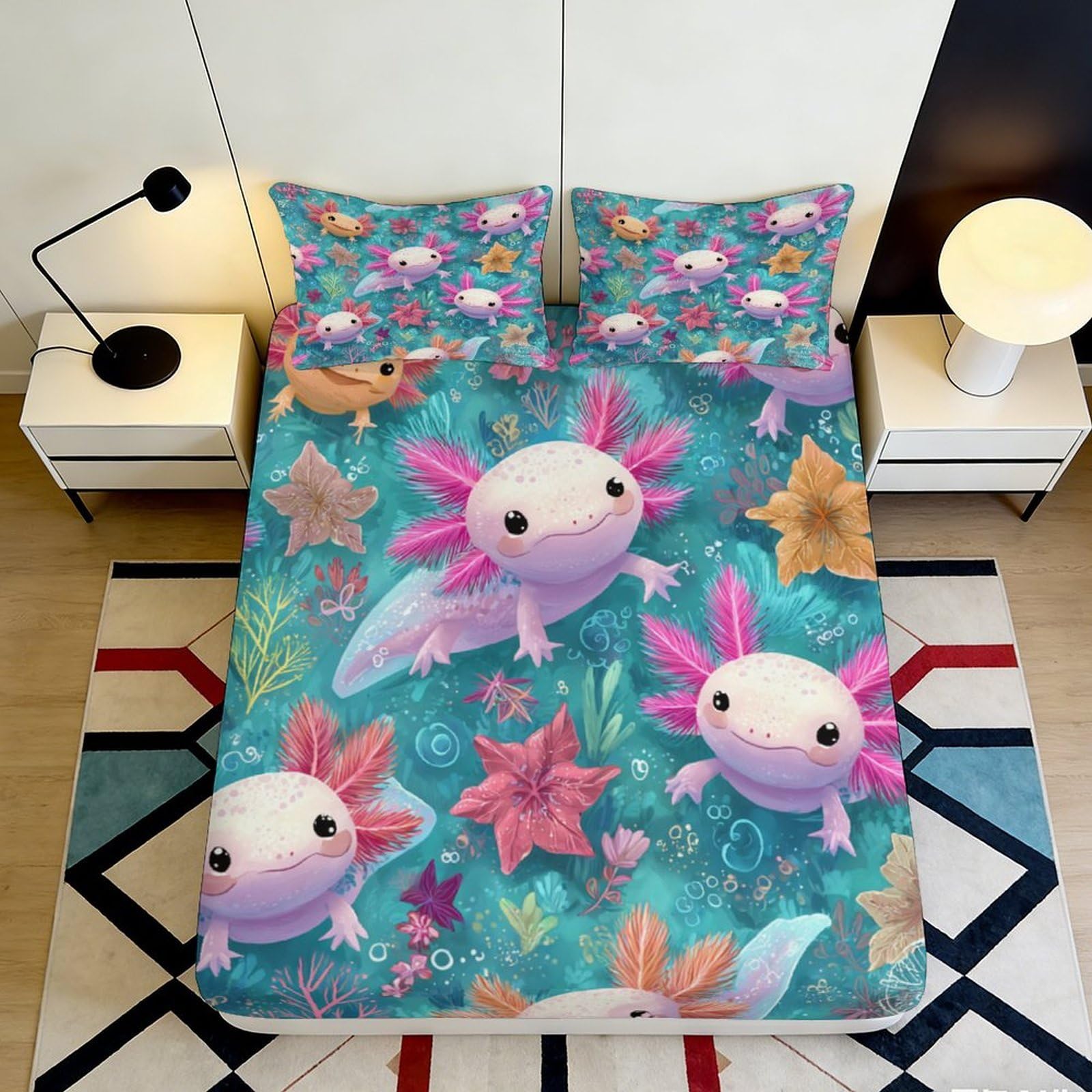 3D Printed Axolotl Ocean Fitted Sheet Microfiber Soft Mattress Cover for Bedroom Guest Room Dorm Decorative 90x200x25cm