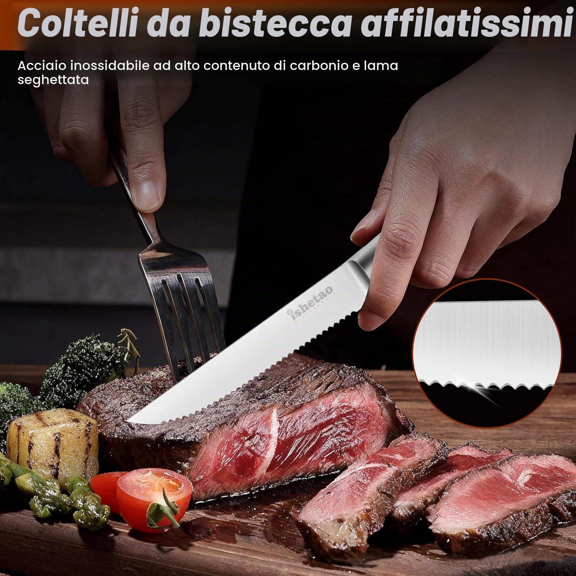 Set di coltelli da bistecca,coltello seghettato, set di coltelli affilati in acciaio inossidabile, set di 6 coltelli da tavola, lavabili in lavastoviglie, robusti e facili da pulire