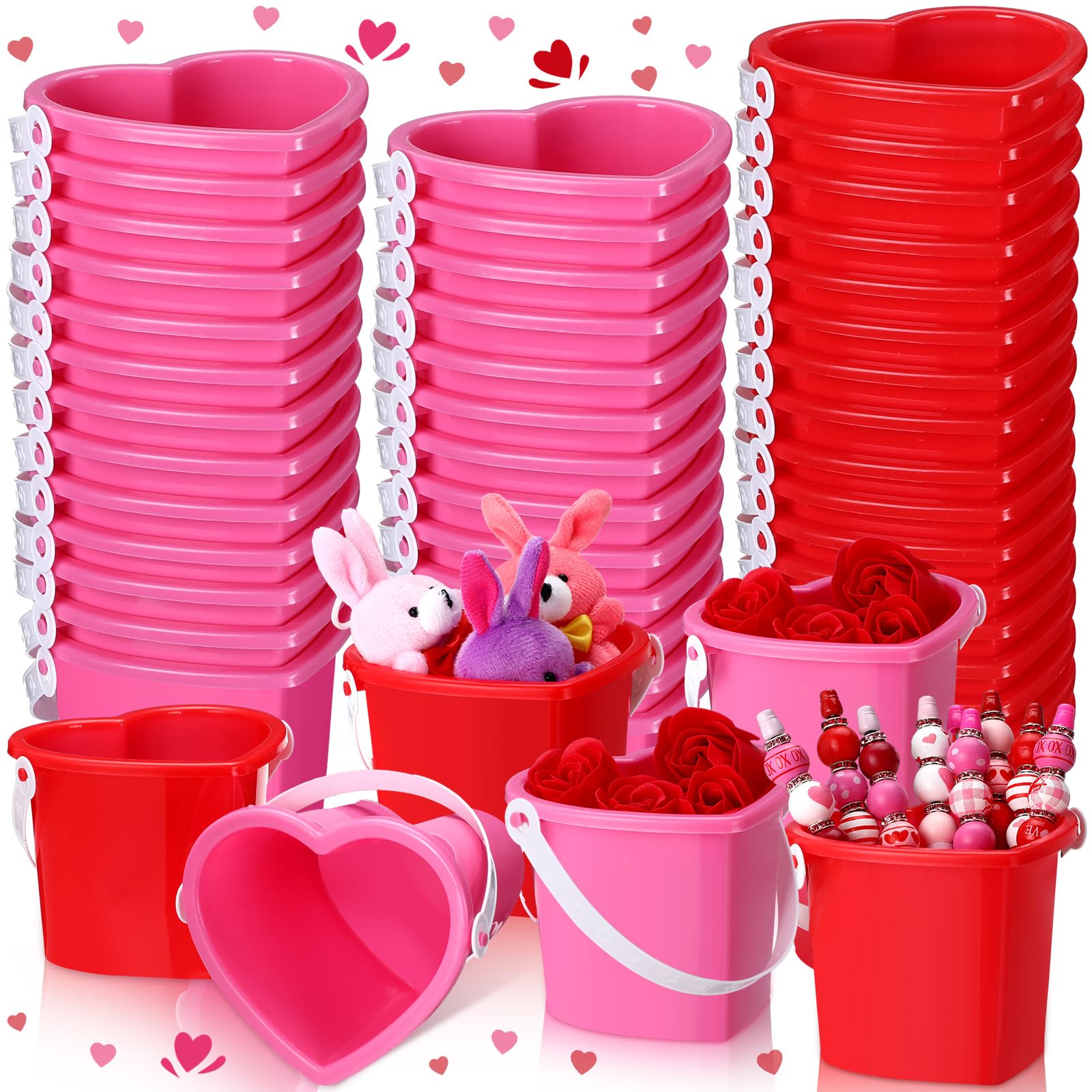 Ziliny 36 Pcs Valentine's Day Plastic Small Bucket Heart Shape Sand Buckets Red and Pink Bucket with Handles Sand Pail Beach Toy Beach Gear Party Set Bundle for Boys Girls Pool Birthday Party Gift