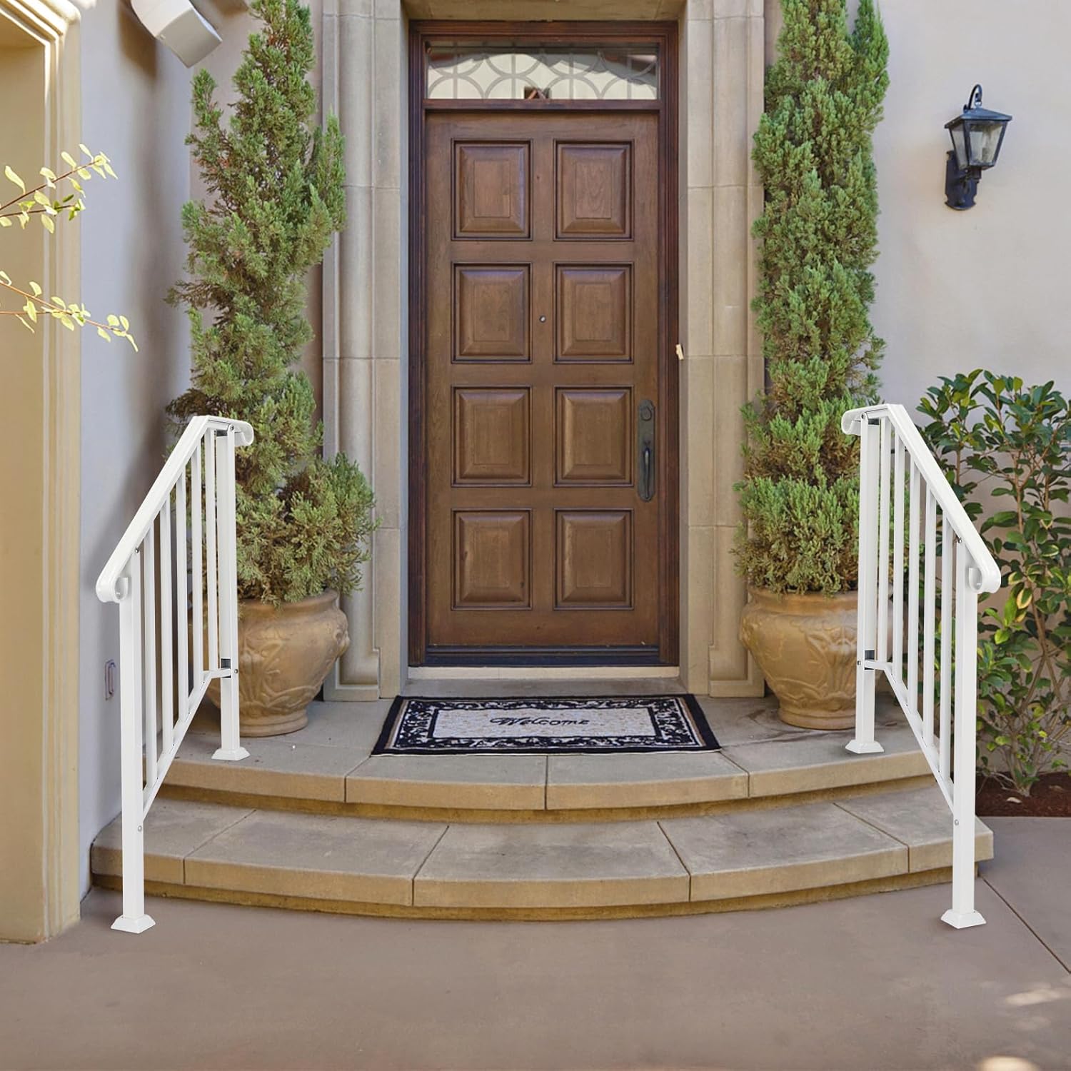 Handrails for Outdoor Steps Fits 1 to 4 Steps, Wrought Iron Stair Railing for Outdoor Porch, All Weather Use Stair Rails on Concrete, Brick Steps (White, 2-3 Steps)