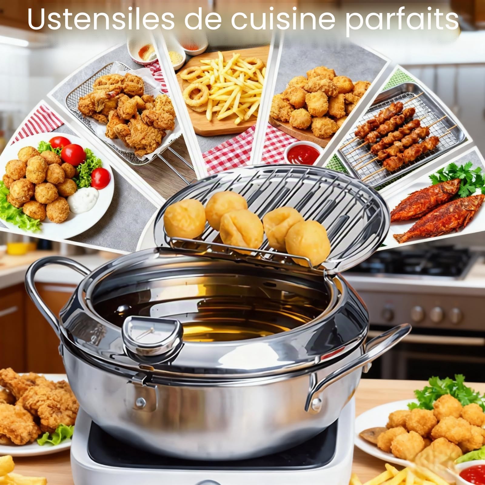 Qivine Friteuse Huile Japonaise Pot de Friteuse Tempura avec Thermomètre Tempura en Acier Inoxydable avec Grille de Vidange Amovible Pour Frire Poulet Français Poisson Sec (24 cm)