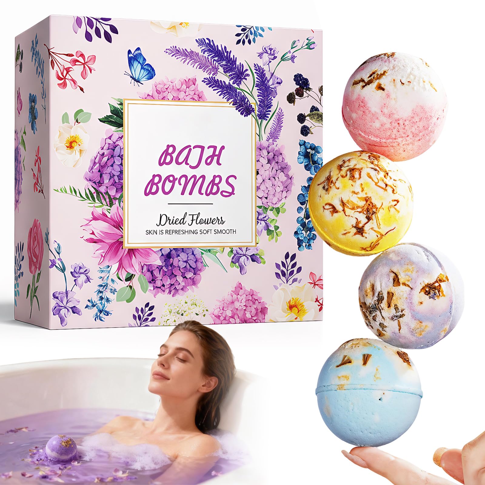Lot de 4 Coffret Boules de Bain, Bombe de Bain Moussante Naturelle,Coffret Boule de Bains Idéal pour Anniversaire, Saint Valentin, Fête des Mères, Cadeau Relaxant,100gx4pcs