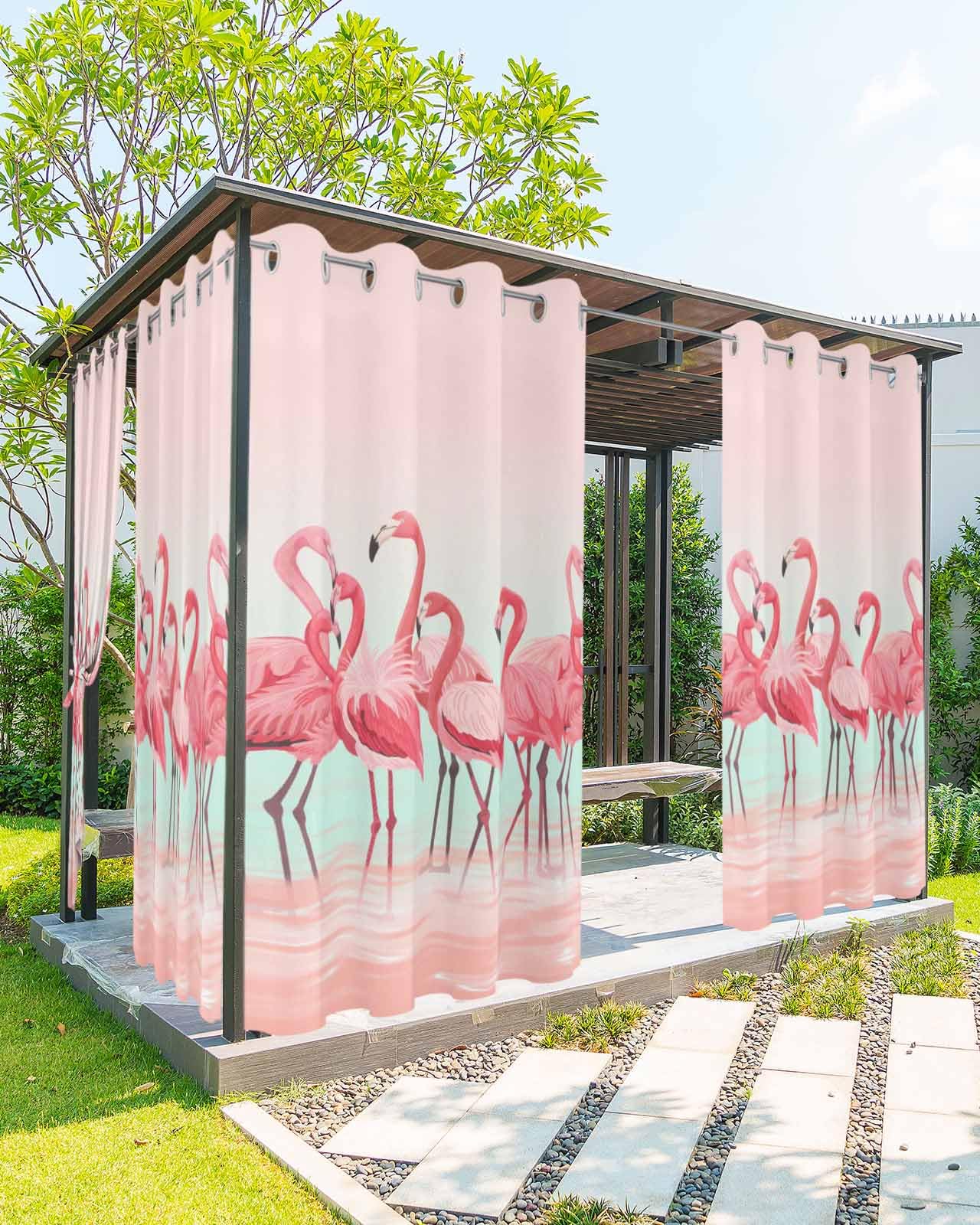 Ukaaqara Outdoor Curtains for Patio Waterproof, Flamingo Pink Animal Art Decor Flamingo Steping in Water Grommet Curtains for Porch Outside Privacy Drape for Gazebo Garden Pergola, 1 Panel, 54x95in