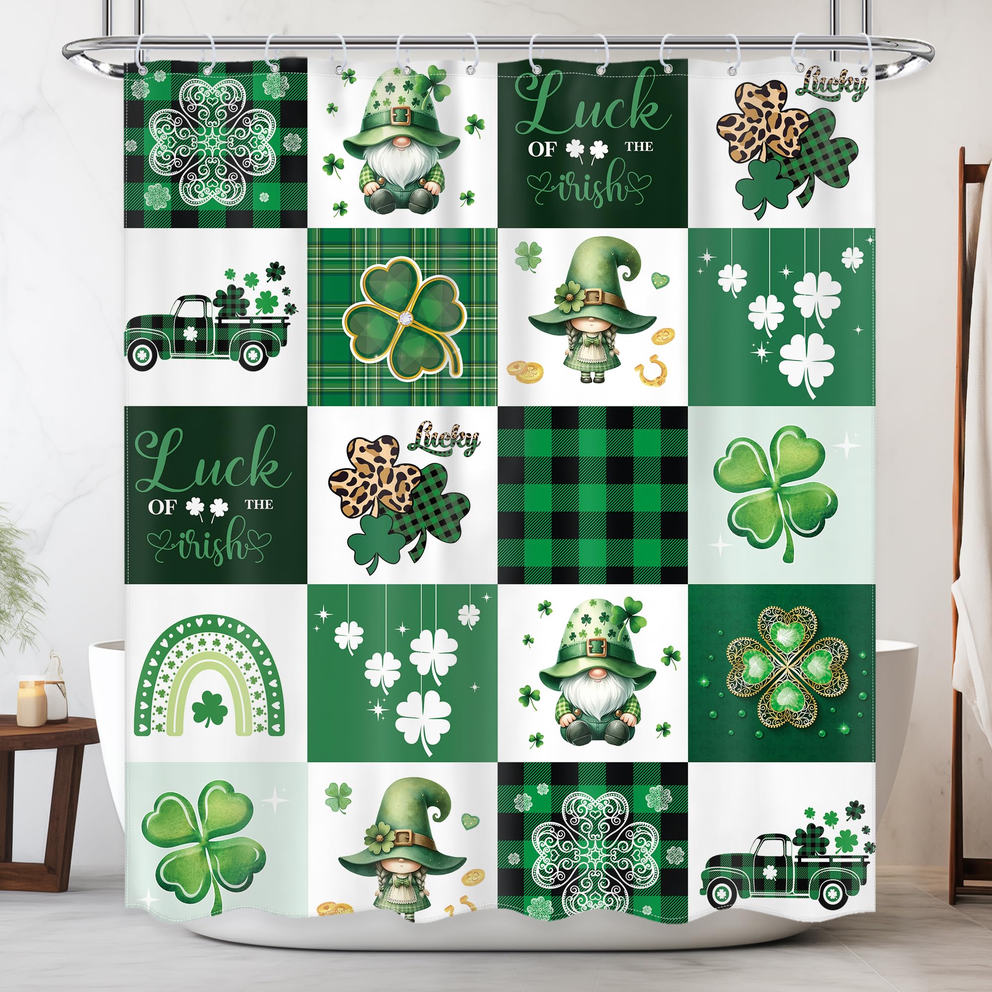 Newsely Happy St. Patrick's Day Shower Curtain, 152.4 x 183.9 cm, Cute Gnome, Green, Lucky Clover, Truck, Shower Curtain, Bathroom Set, Buffalo Plaid, Waterproof, Bath Decoration, Accessories โ image 1