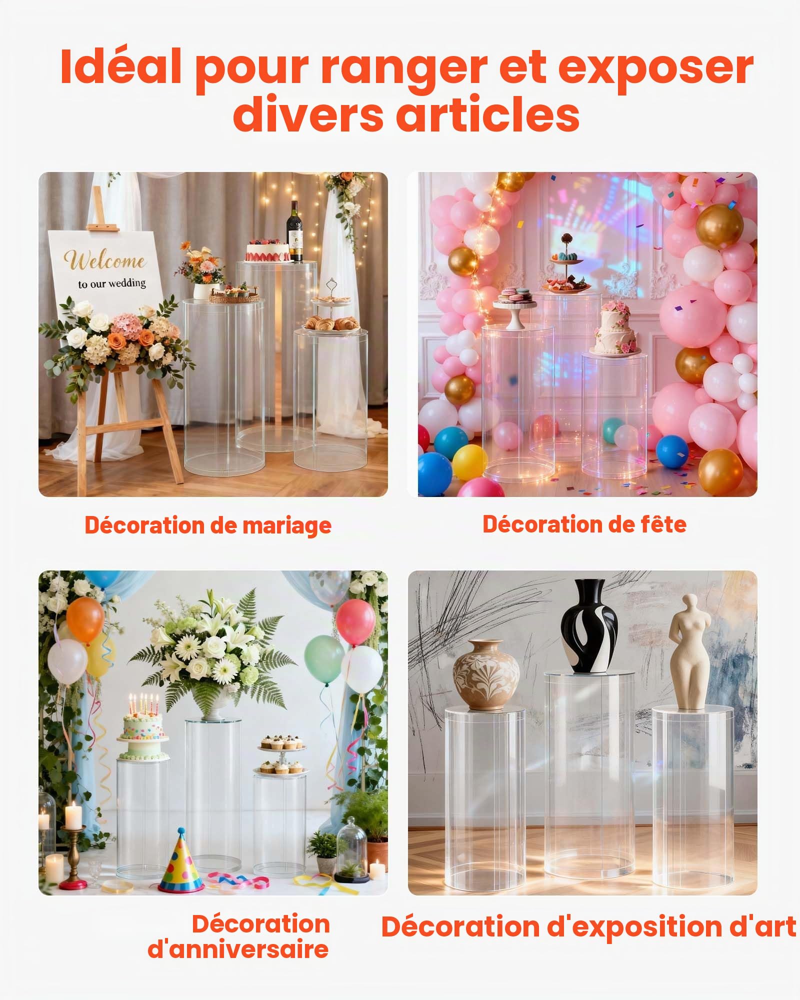 VEVOR Support Fleur Mariage Cylindrique Lot de 3 Support Cylindre Anniversaire 60/75/90 cm Présentoir Fleurs Mariage pour Mariages Fêtes Anniversaires Déco Artistique, Charge 15 kg Couvercle Acrylique