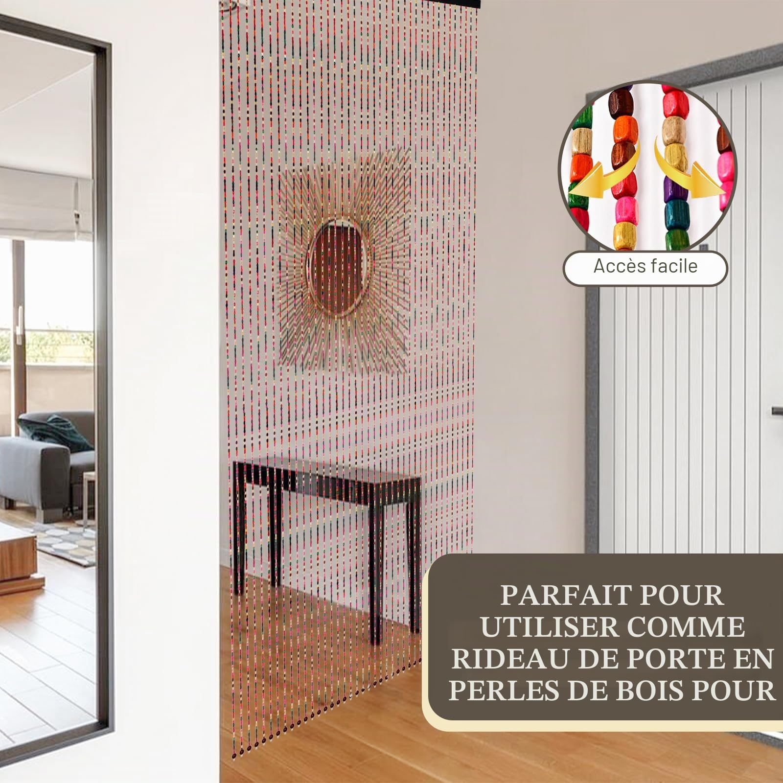 Rideau Perle Bambou pour Porte 90 x 195 cm Wood Bead Curtain Perles Arc-en-Ciel, Protection Contre Les Insectes