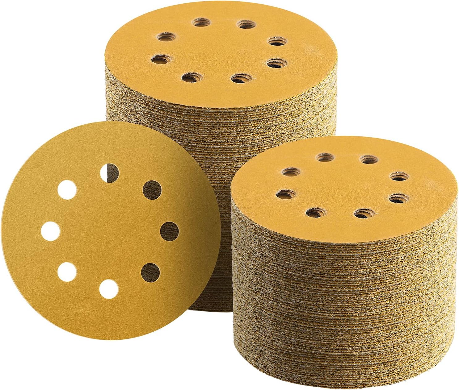 100 Pcs 5 Inch Sanding Discs Hook and Loop, 220 Grit Sandpaper for Woodworking or Automotive, 8 Hole Gold Premium Dustless Random Orbit Sandpaper