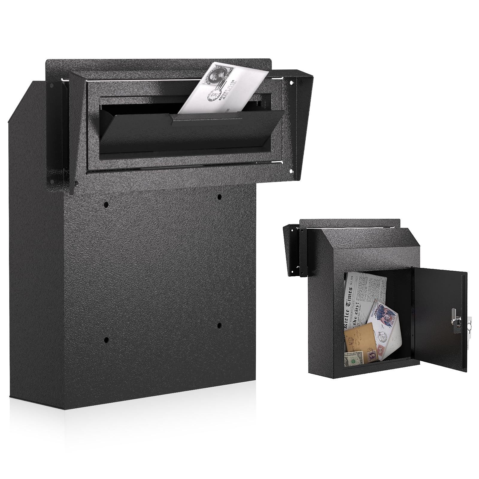 Pochar Rainproof Heavy Duty Mailbox Door Drop Box - Galvanized Steel Weatherproof Mailbox for Keys, Deposit, Payment, Mails - Through The Door Mail Drop Box (Black)