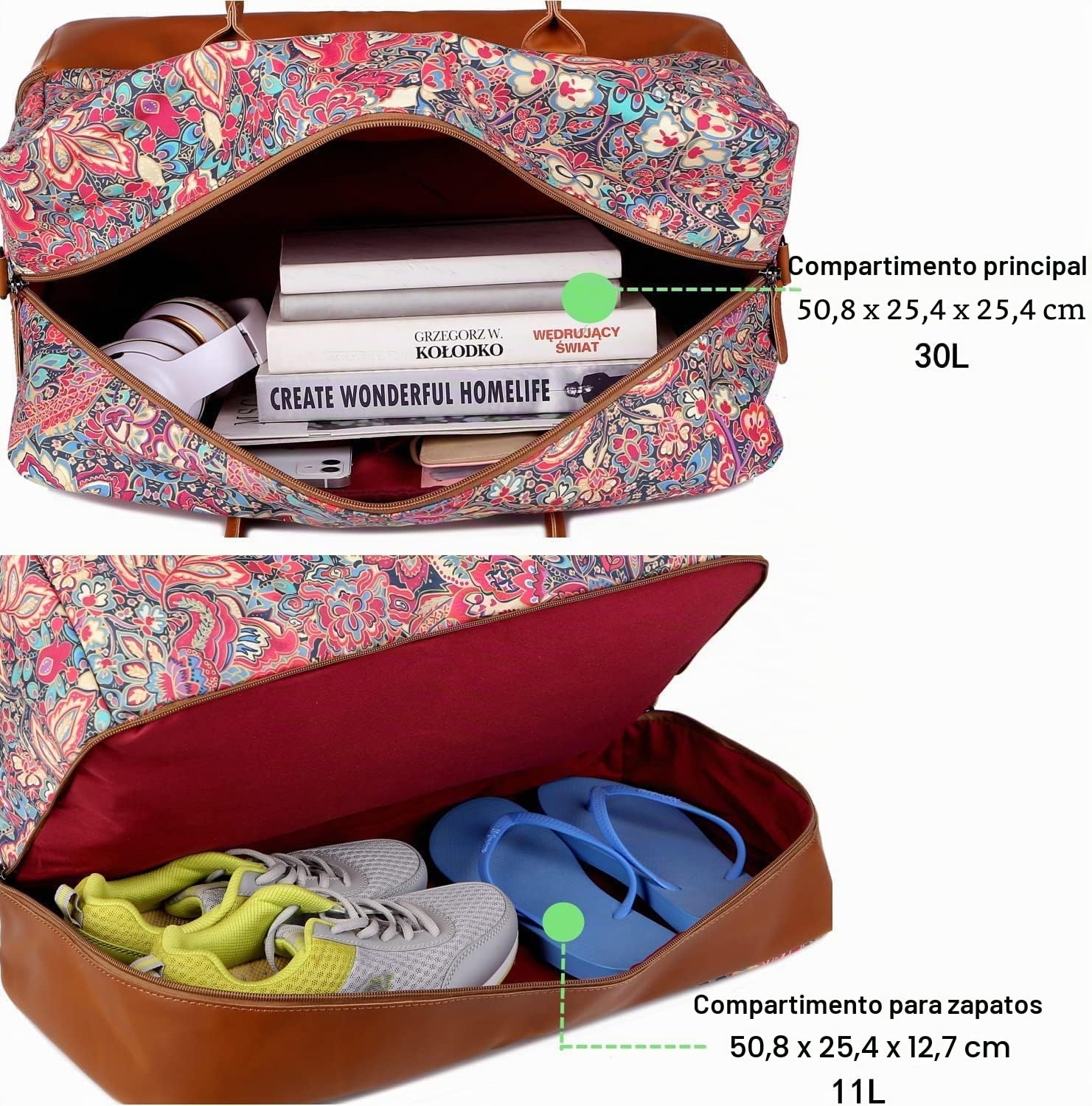 Travel Duffel Weekender Bolsa de viaje de mano para fin de semana con compartimento para zapatos para mujer HB-10, 50 cm x 33 cm x 25 cm