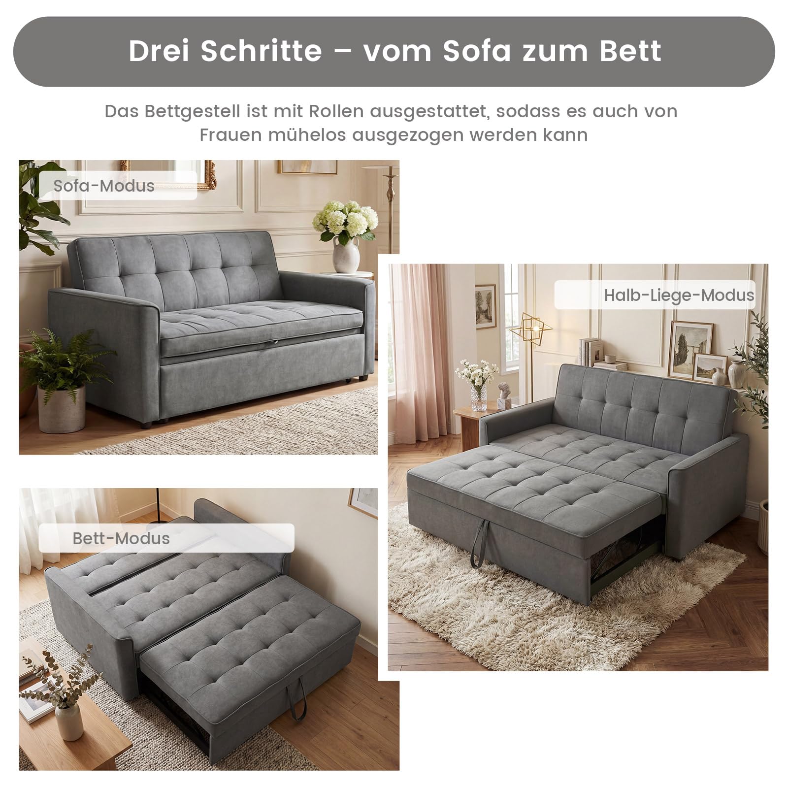 Guyii Schlafsofa 3-Sitzer Grau, Ausziehbares Sofa mit Schlaffunktion und Bettfunktion, Gepolstertes Bettsofa mit Armlehnen, Schlafcouch für Wohnzimmer, Gästezimmer, Kleine Räume