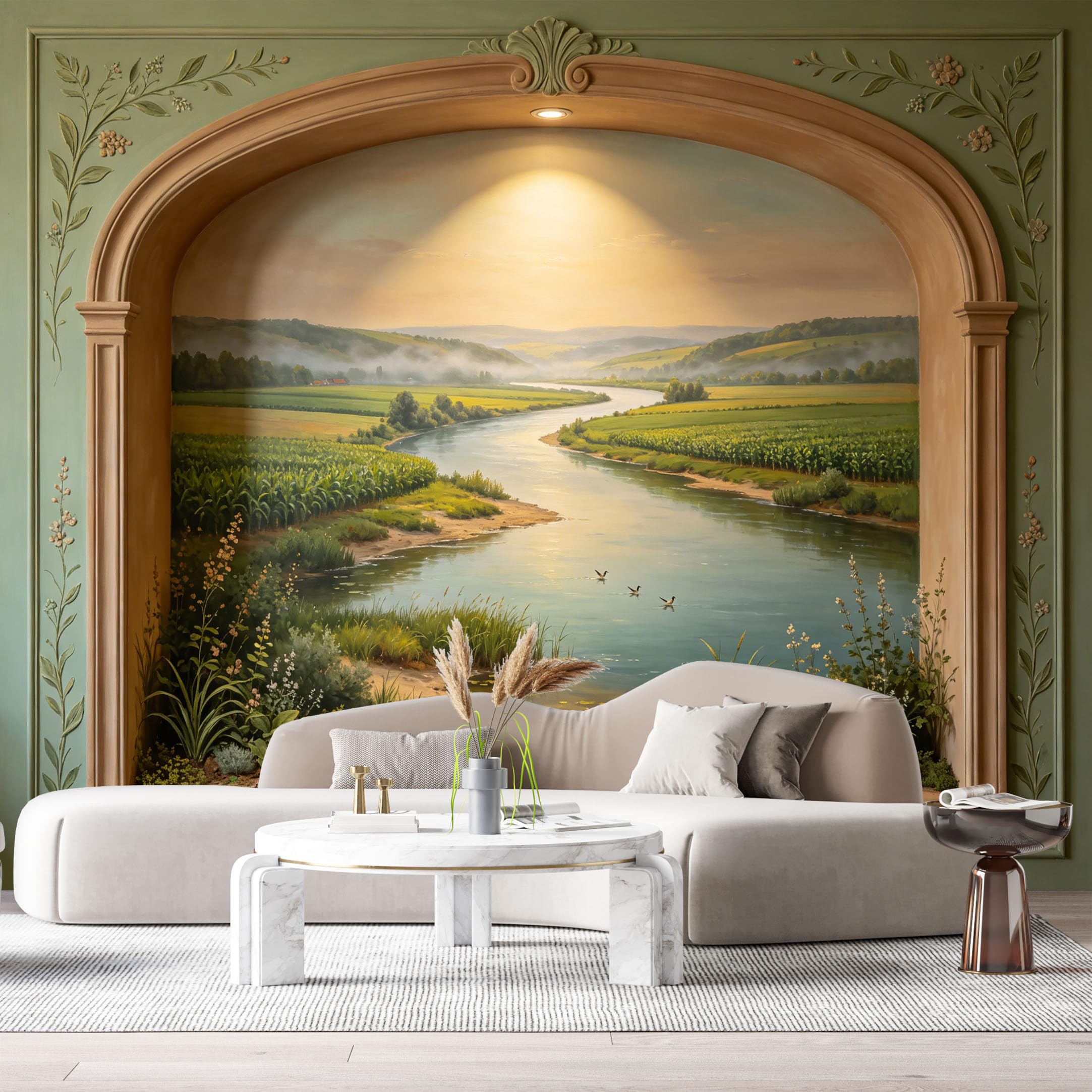 Custom Size Wall Murals Landscape Oil Painting Classical Pastoral River Archway 3D Trompe L'Oeil SelfAdhesiveWall Fabric Removable Wallpaper Wall Decor for Living Room Bedroom Bathroom