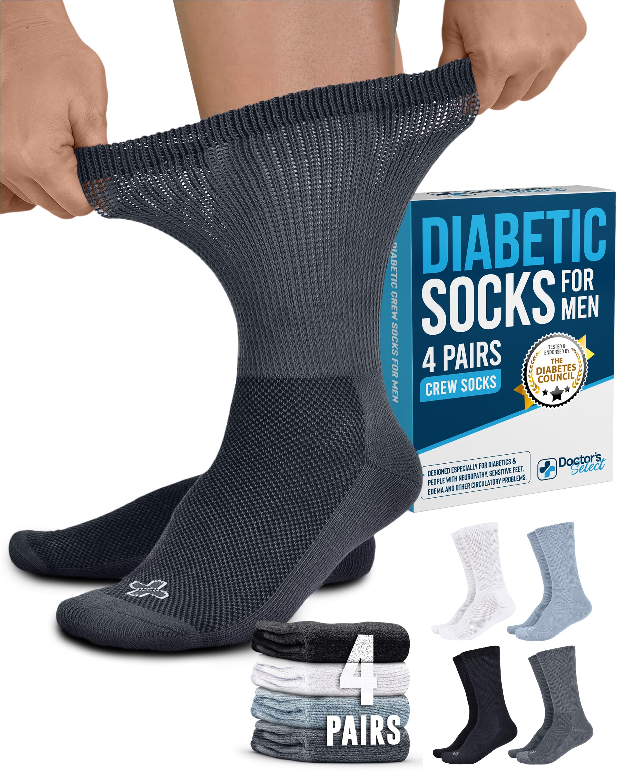 Doctor's Select Diabetic Socks for Men - 4 Pairs Crew Diabetic Neuropathy Socks for Men | Diabetic Socks for Men 9-12