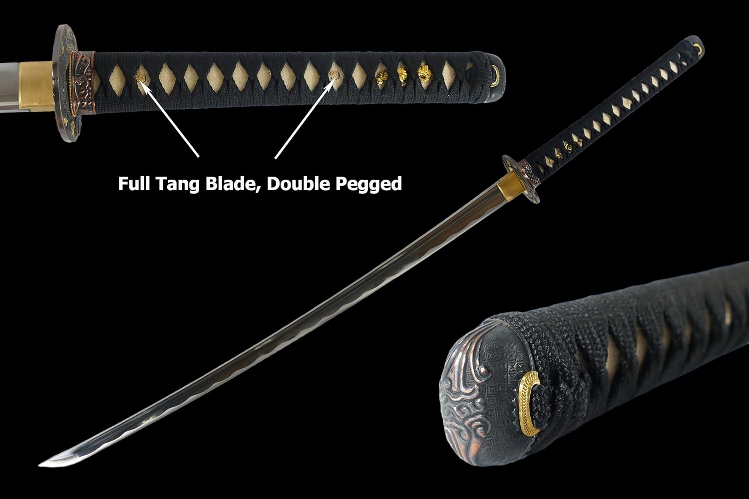 Makoto Hand Forged Razor Sharp 41" Black Samurai Katana Sword - Hand Painted High Gloss Black Scabbard (Dragon_Round Tsuba)