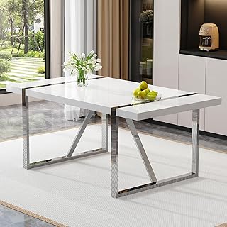 Ebullient 71“ White Dining Table, Modern Dining Room Table for 6-8, Kitchen Table with MDF Top and Silver Metal Legs, Rectangular Dining Table for Home Living Room