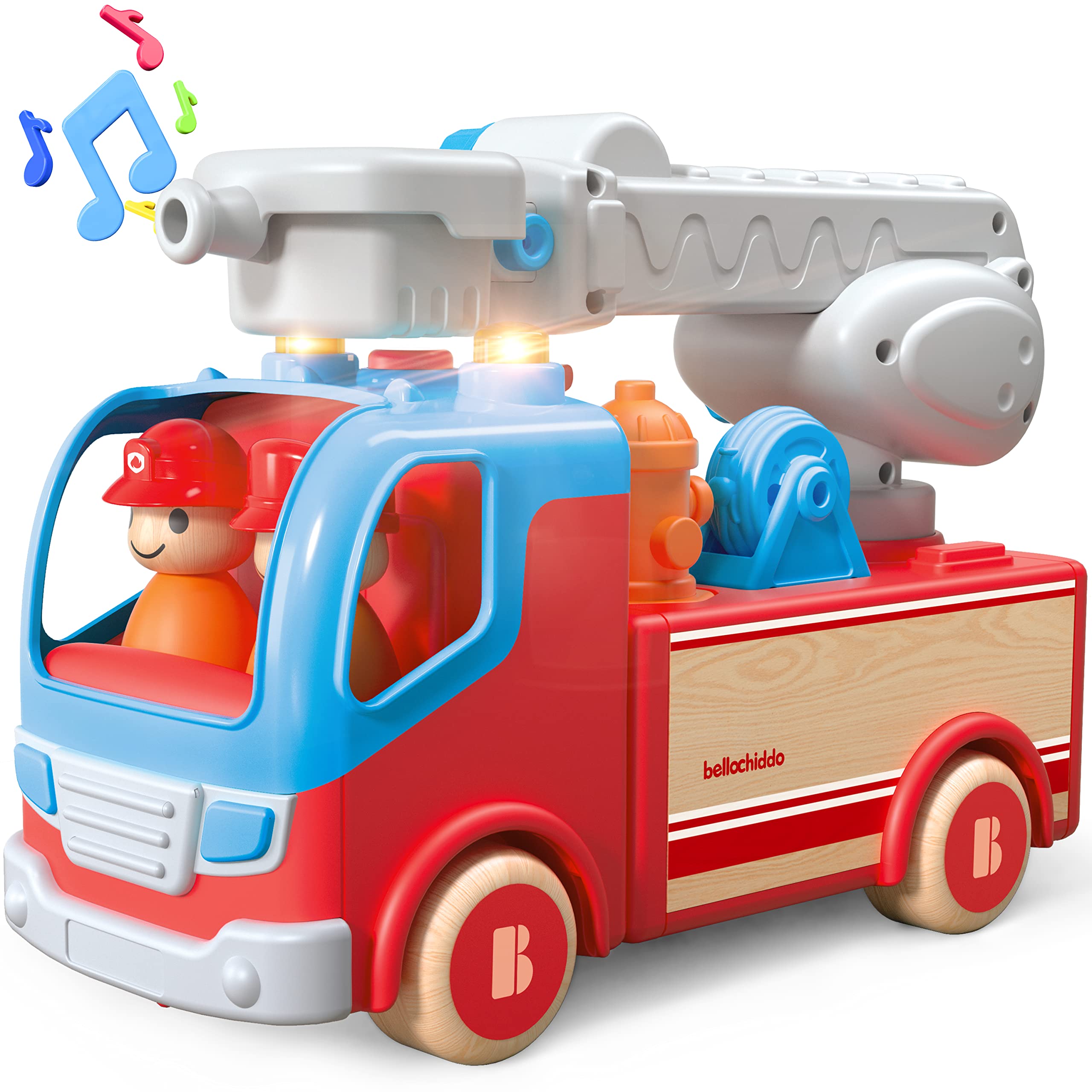 Photo 1 of BELLOCHIDDO Wooden Fire Truck Toys with Bright Lights, Sound Effects and Retractable Fire Ladder, Toddler Wooden Toy Cars Trucks Vehicle