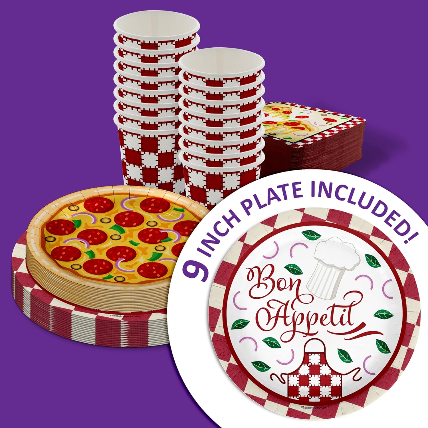 Pizza Birthday Party Supplies - 64 Piece Bon Appetit Disposable Tableware Set of Large 9" Dinner Plates and 8" Dessert Paper Plates Cups and Napkins - Kit 16 Guests