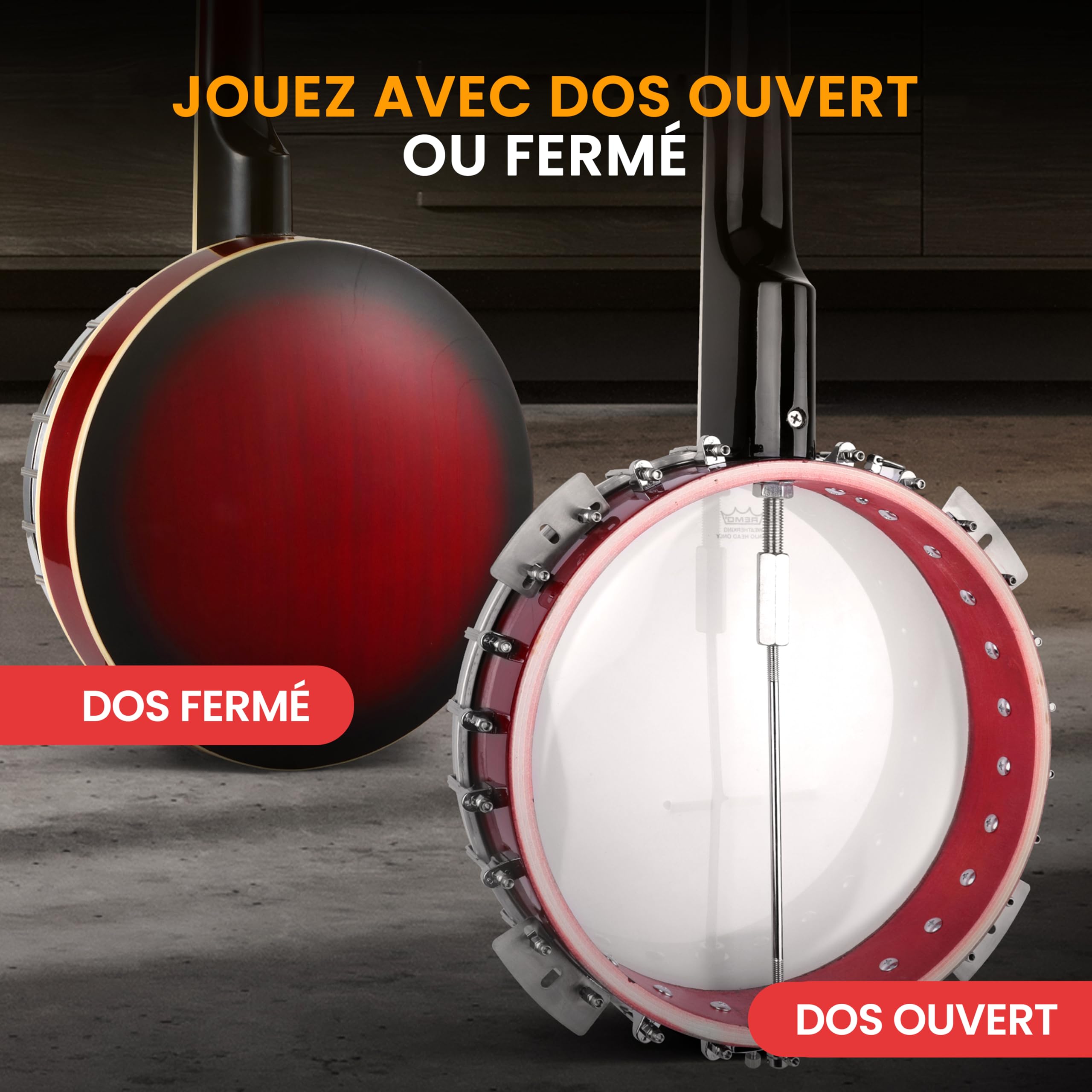 Pyle Banjo Kit avec Tête Remo et Résonateur en Sapelli, Instrument Traditionnel Taille Réelle de 99 cm – Banjo 5 cordes - Dos Ouvert ou Fermé, 24 Supports - Kit d'Accessoires Premium (Éclat Rouge)