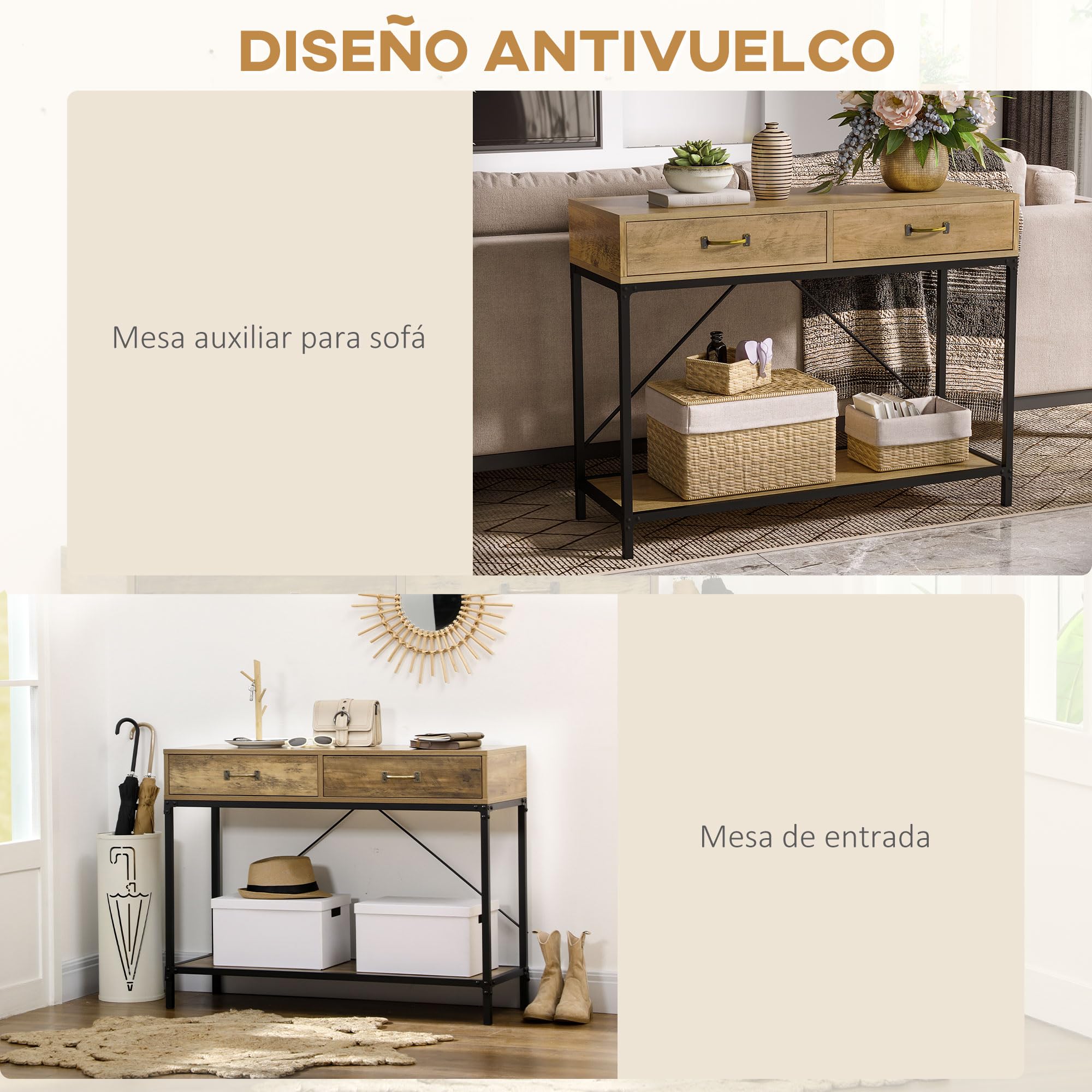 HOMCOM Mesa de Consola Industrial con 2 Cajones y Estante, Marrón y Negro | Mesa de Sofá, Consola Recibidor, Patas de Metal, para Salón, Pasillo, Entrada