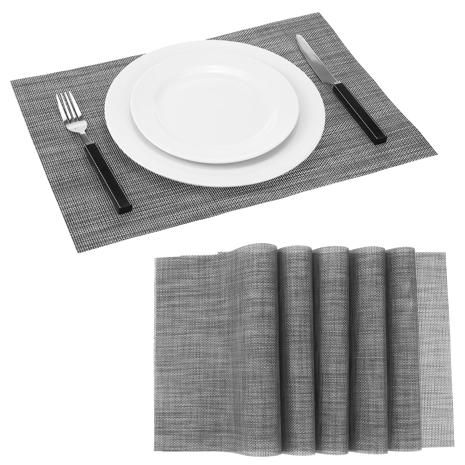 QWORK® Zestaw 6 tkanych mat stołowych 45 x 30 cm, podkładki termoizolacyjne, zmywalne i antypoślizgowe, ciemnoszare