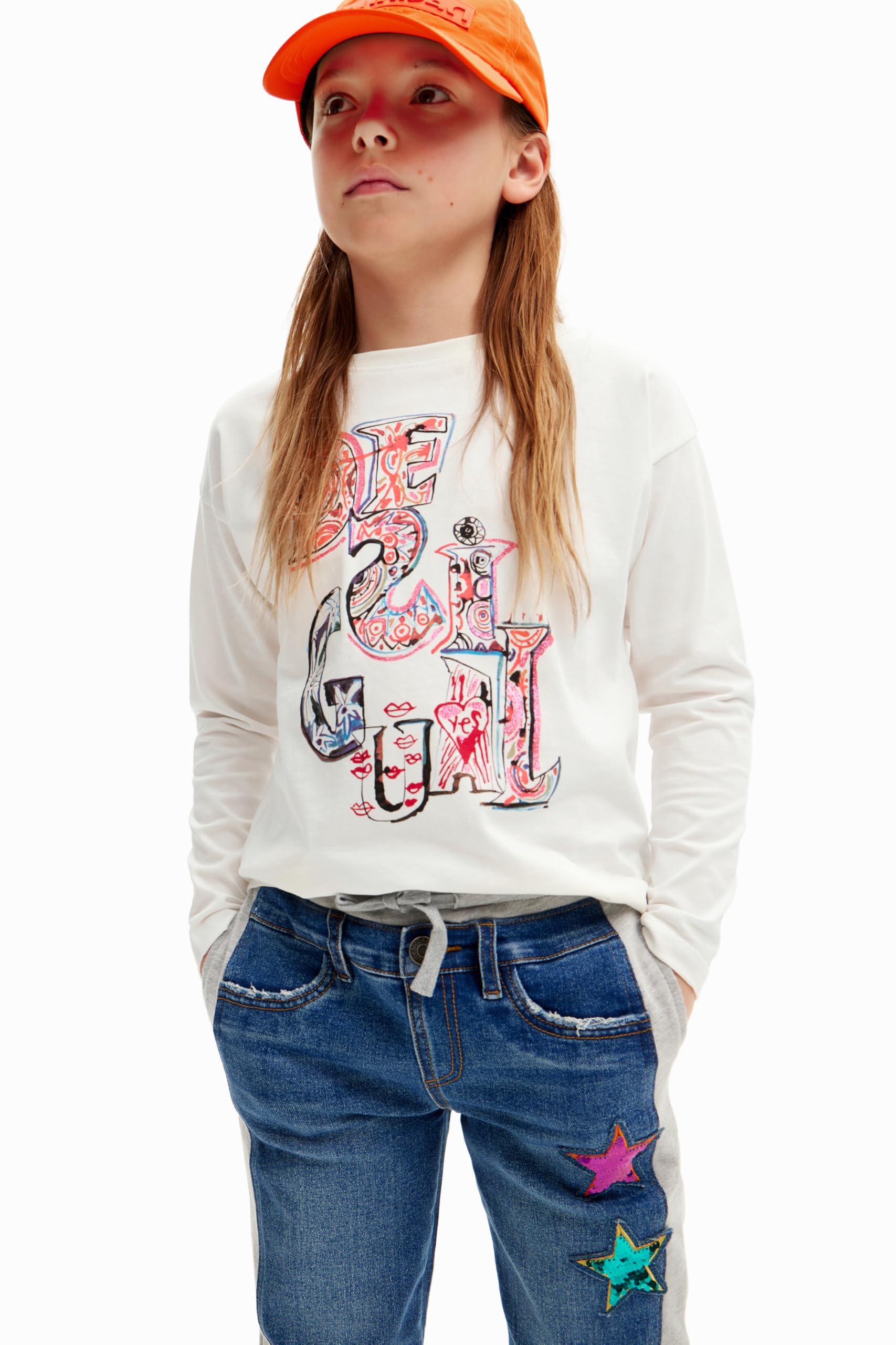 Desigual White Girl's Knit T-Shirt Long Sleeve, Size 4 Years