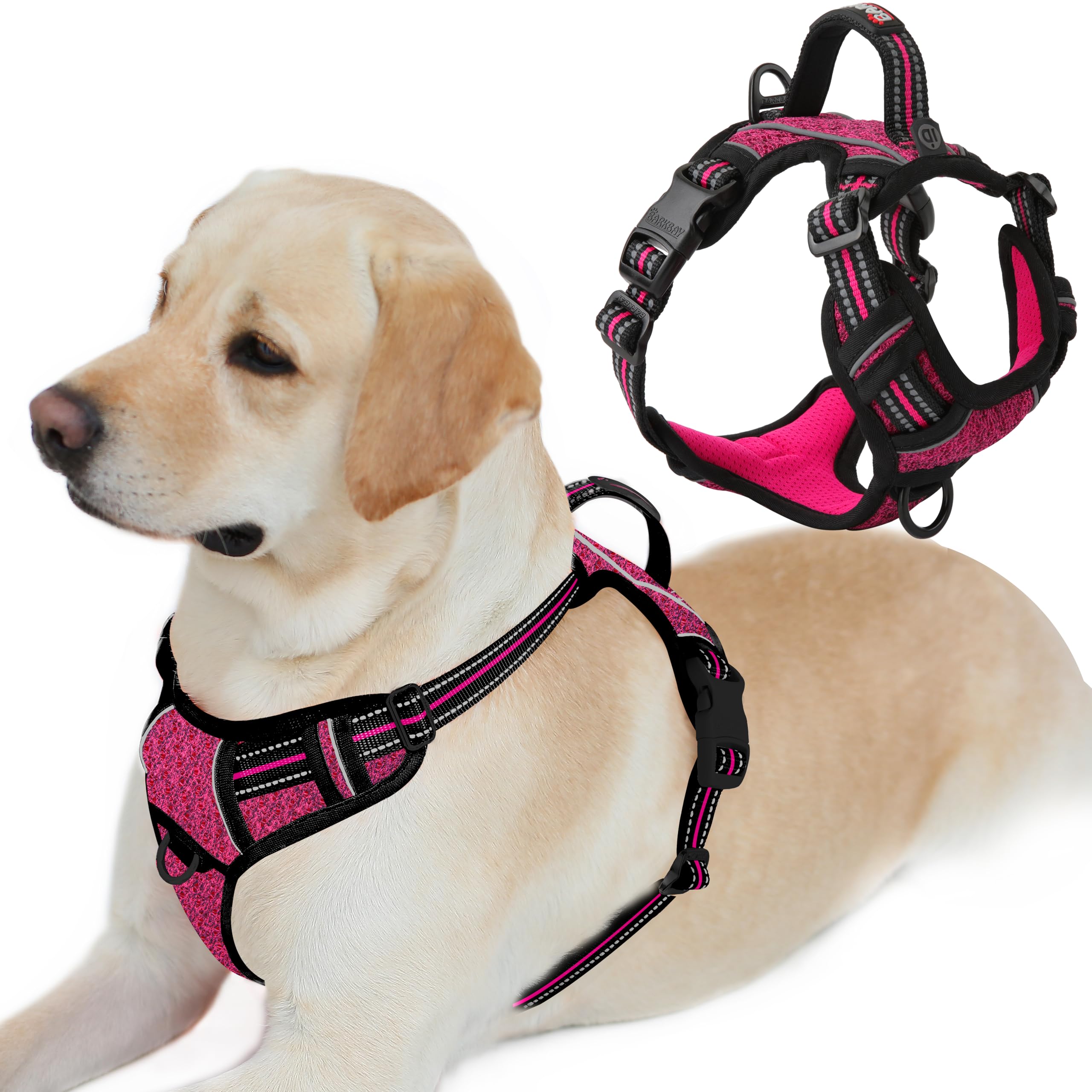 BARKBAY No Pull Dog Harness Front Clip Heavy Duty Reflective Easy Control Handle for Large Dog Walking with ID tag Pocket(Pink/Black,L)