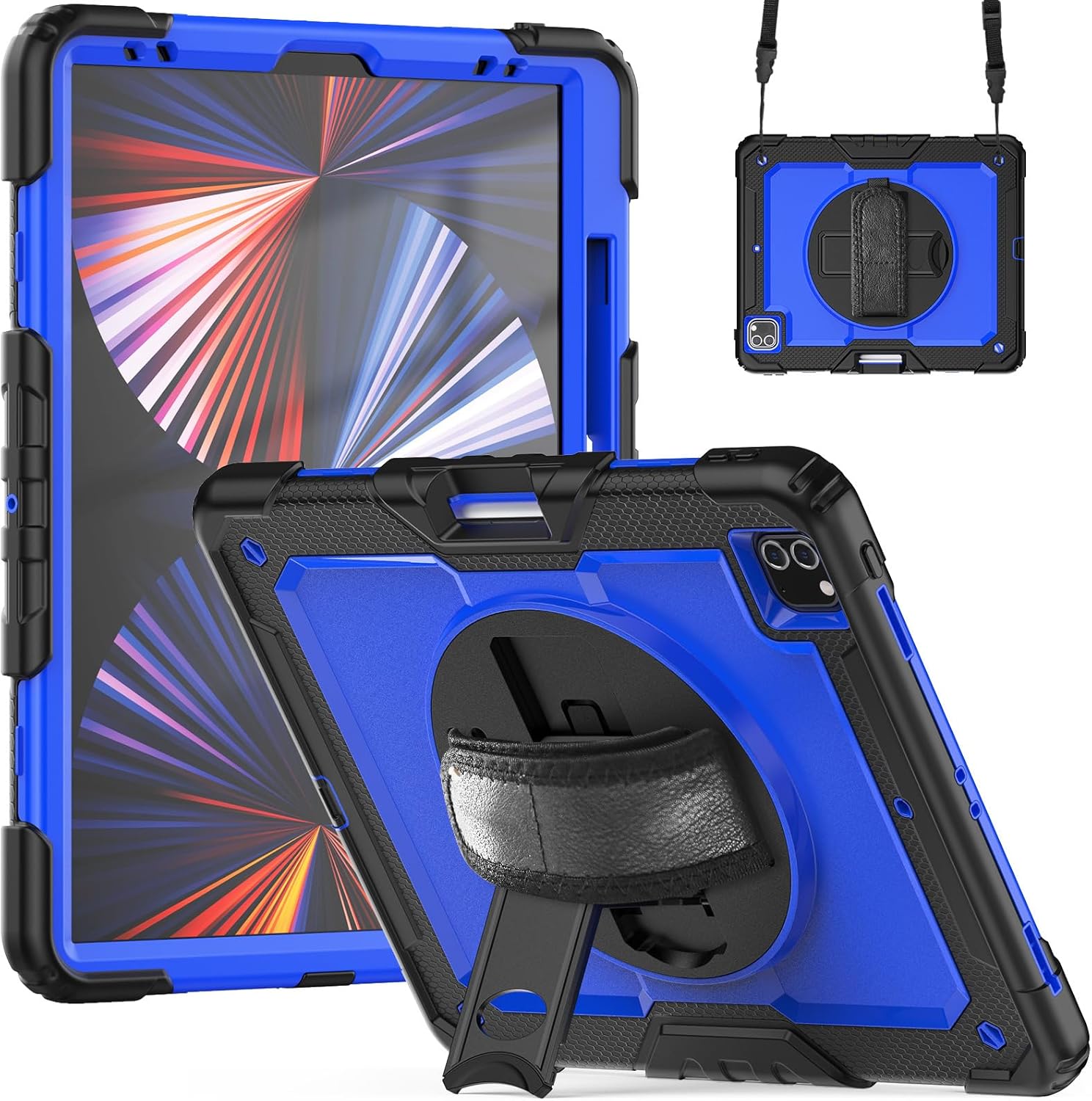 for iPad Pro 12.9 inch Case (2022/2021/2020/2018), 360 Rotating Shockproof Cover with Stand, Screen Protector, Shoulder Strap, Dark Blue PC
