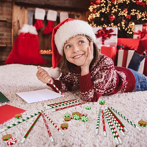 Miniatura 5 de 100 lápices de Navidad y borrador de bastón de caramelo a granel, lápiz de papelería de Navidad, borrador de Navidad para vacaciones, escuela,