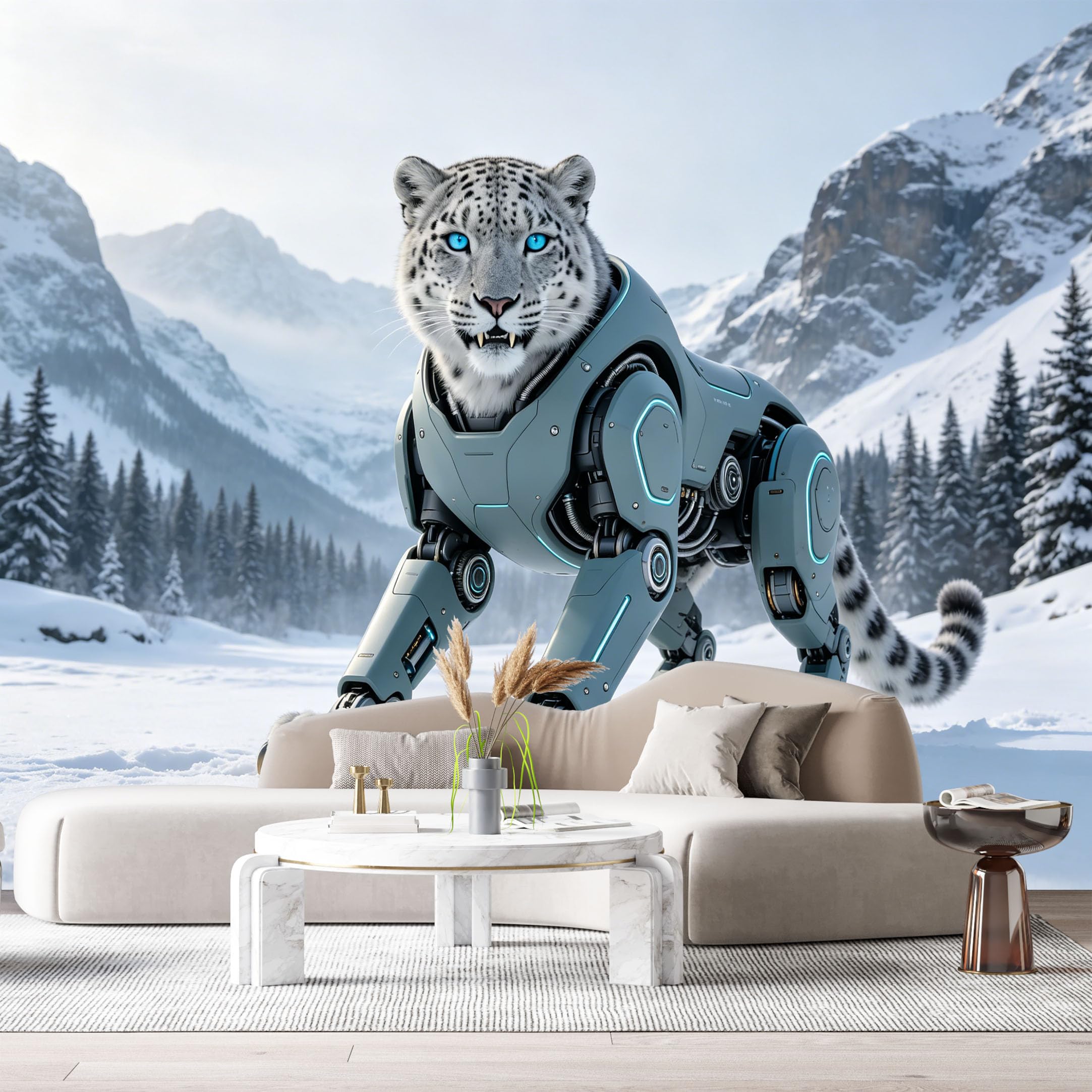 Custom Size Wall Mural Cybernetic Snow Leopard Mech Futuristic Robotic Animal Science Fiction Armor SelfAdhesive Art Prints Removable Large Wallpaper Esports Room Game Room Studio