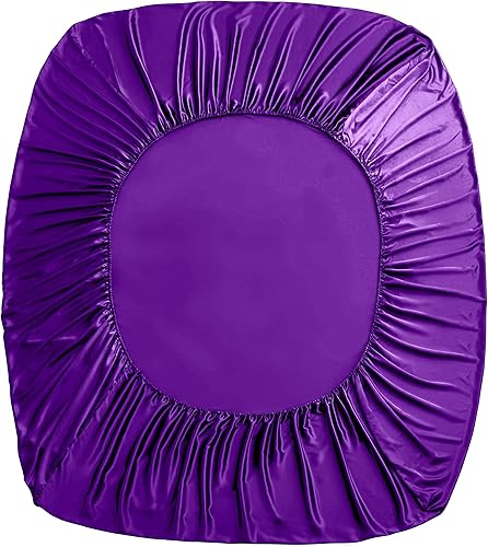 Miniatura 6 de Homiest Juego de 4 sábanas de satén con bolsillo extra profundo tamaño Queen, sábanas de satén púrpura con bolsillo de 18 a 24 pulgadas, juego de