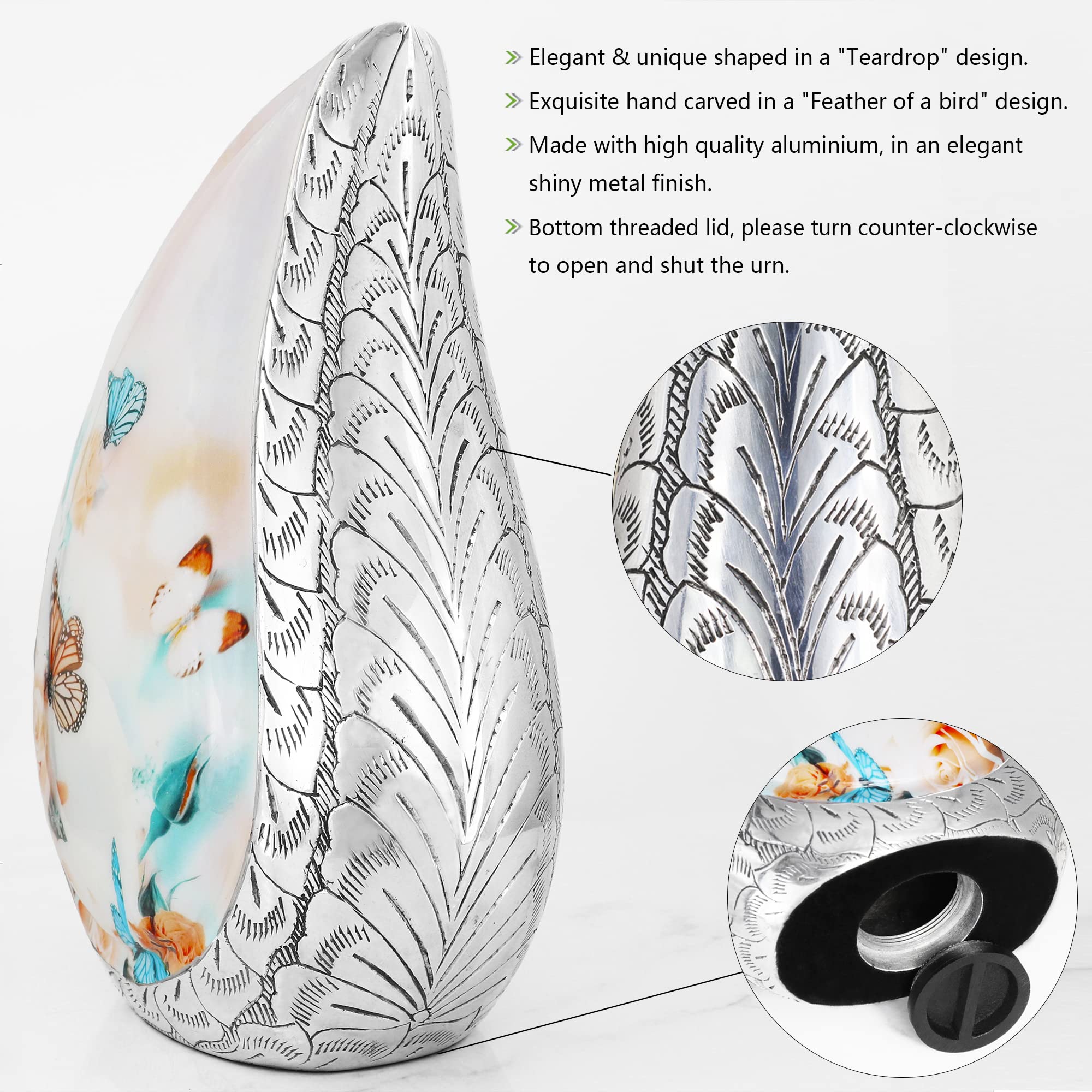 M MEILINXU Butterfly Decorative Urn, Funeral Cremation Urns for Human Ashes -Display at Home or in Niche at Columbarium, Engraved Aluminum Urn for Ashes Adult Female & Women, Pink Rose Flowers -Large