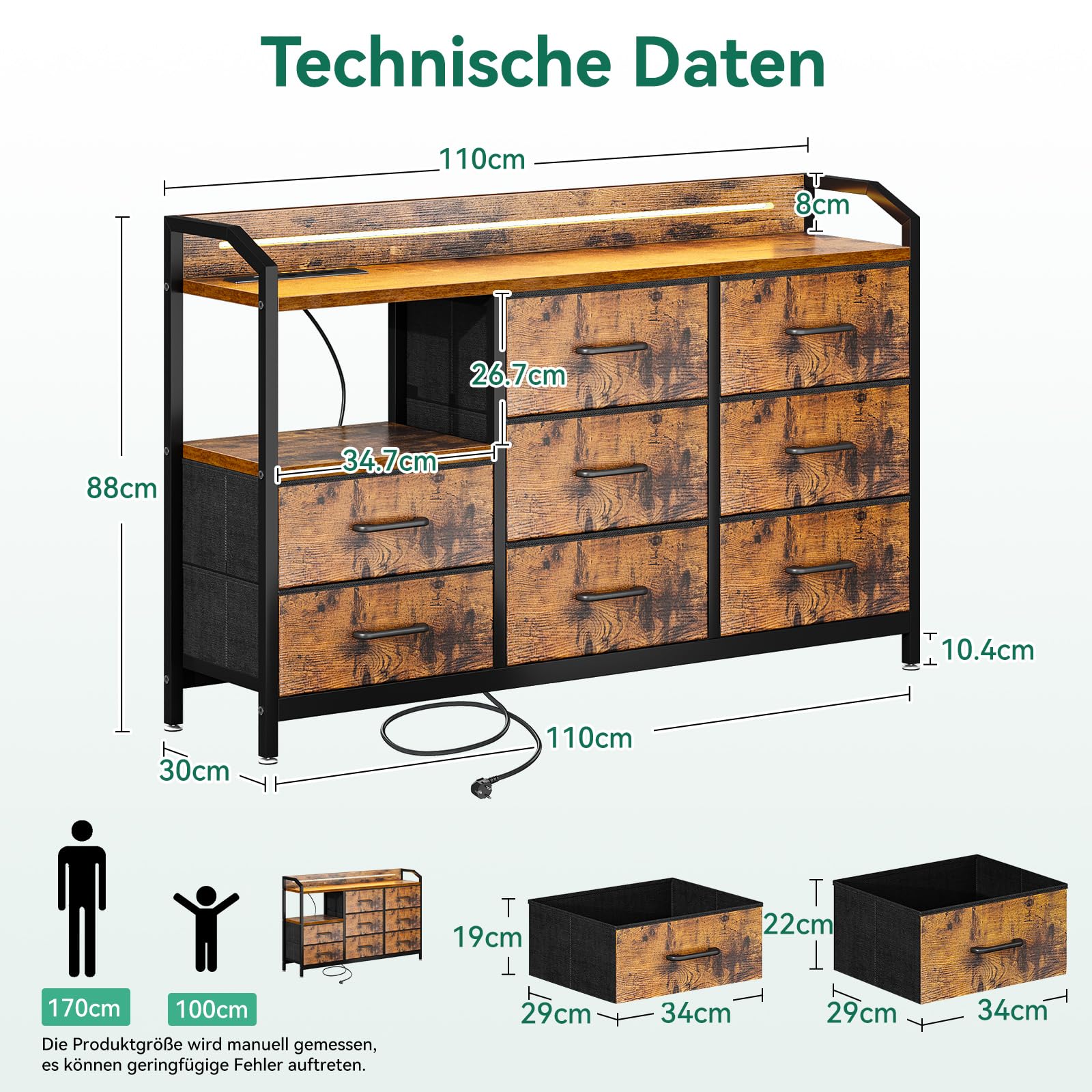 ODK Kommode mit Schubladen, Schubladenschrank mit LED-Lichtstreifen mit 10 Einstellbaren Farben und 2 USB- und 2 AC-Steckdosen, 8 Stoffschubladen, Wohnzimmer Schlafzimmer Kommode, 110*30*88cm Vintage