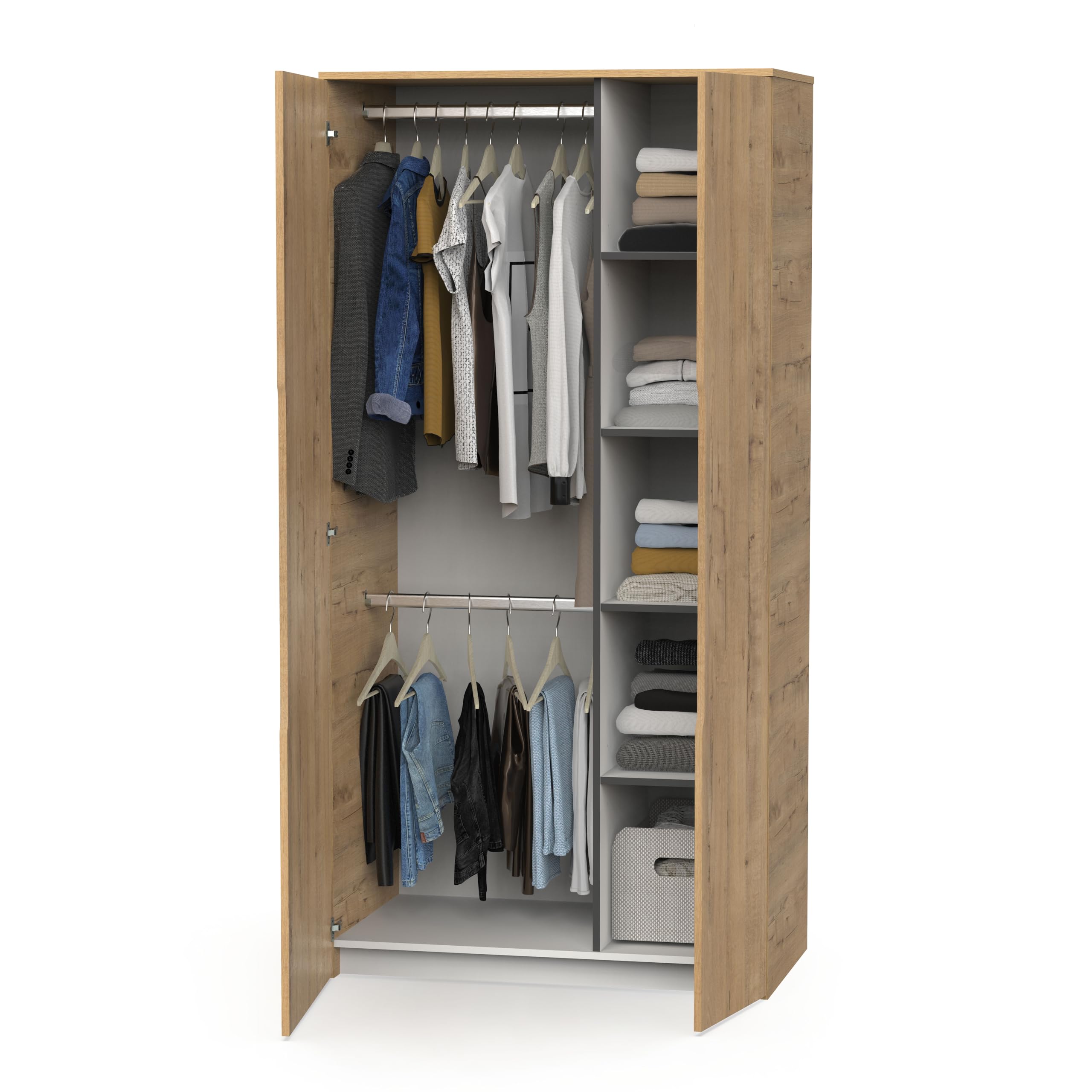 MUEBLES PITARCH | Armario Dormitorio Ropero 2 Puertas, 2 Barras y 4 Estantes Regulables, Roble Gold, 200x100x57cm (Alto x Ancho x Fondo), Mueble Recibidor Moderno, Modelo Noa
