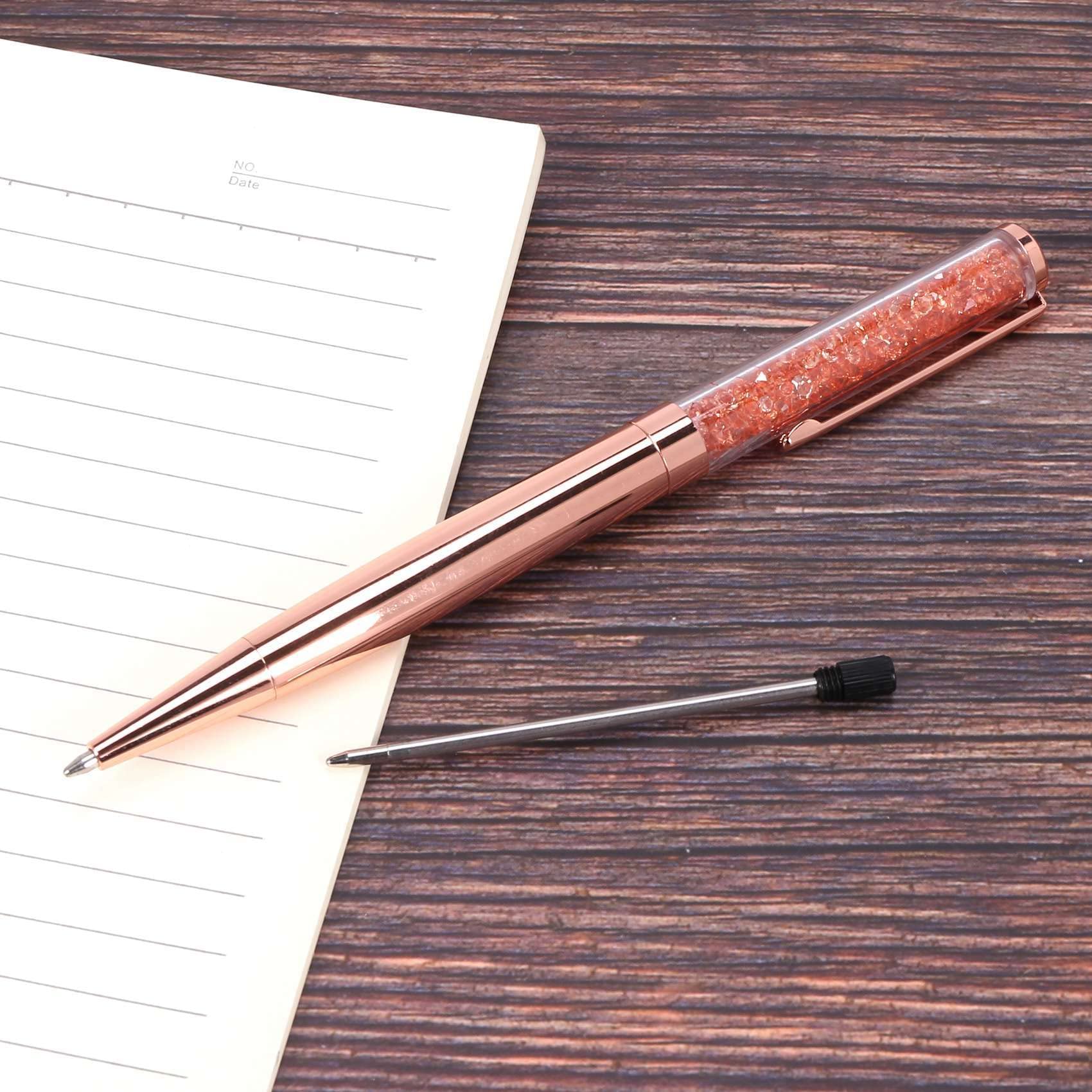 Penna a sfera in oro rosa con cristalli, inchiostro nero, con 18 mine aggiuntive (oro rosa, 18 pezzi)