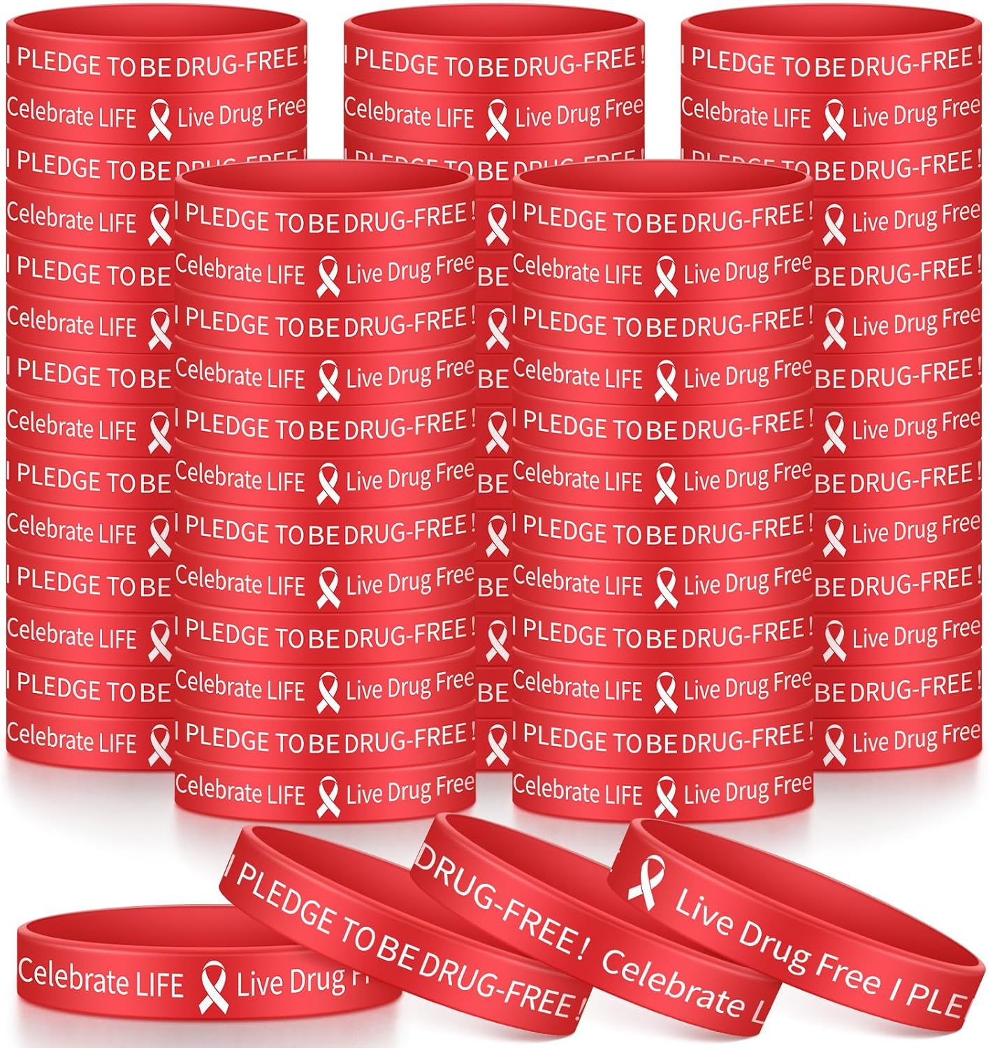 Libima 200 Pcs Live Drug Free Wristband Bulk Red Ribbon Week Wristbands Silicone Red Ribbon Awareness Bracelets Unisex Rubber Wrist Bands for Anti Drugs Campaigns Events Men Women