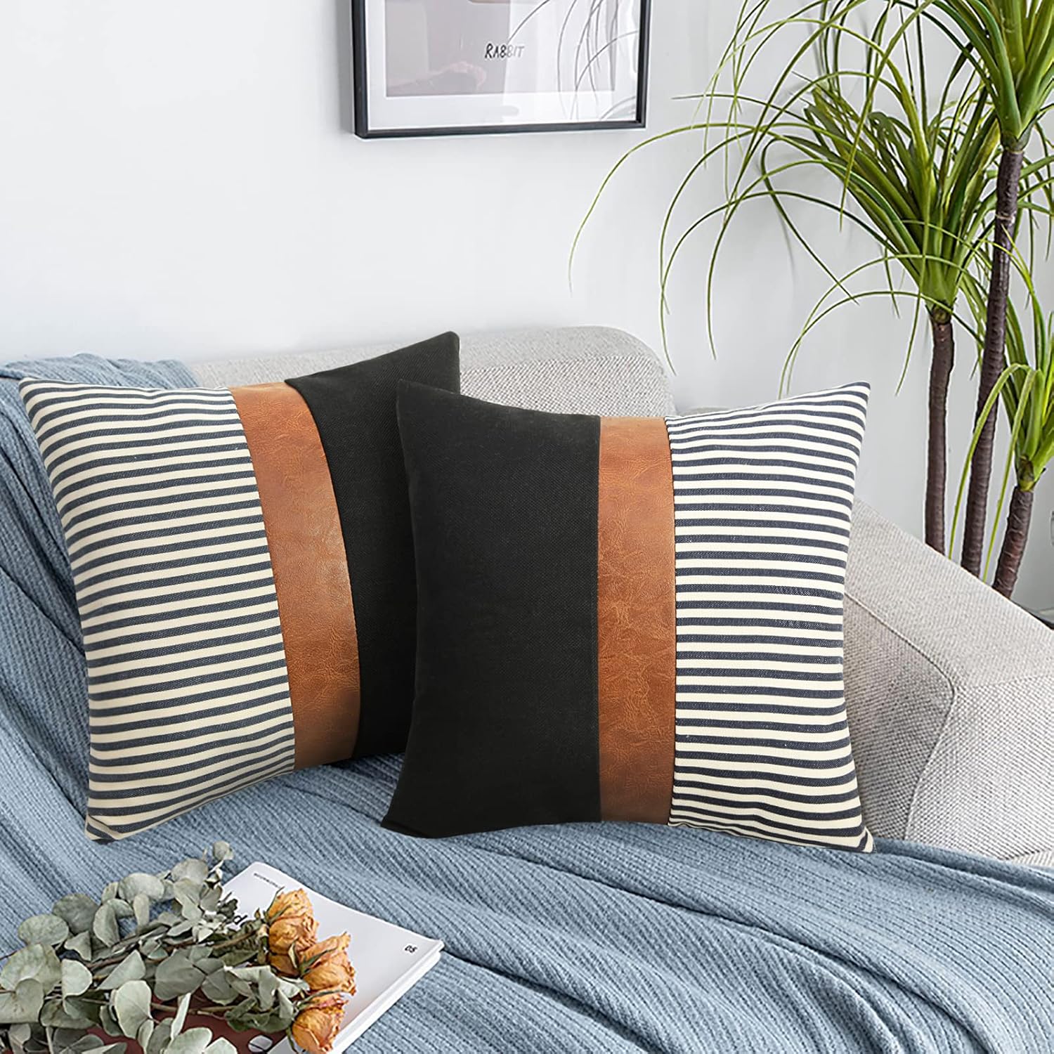 22x22 Pillow Covers Set of 2 Boho Rustic Farmhouse Decorative Striped and Black Linen Throw Pillow Covers Modern Brown Faux Leather Covers for Couch Sofa, Navy Striped