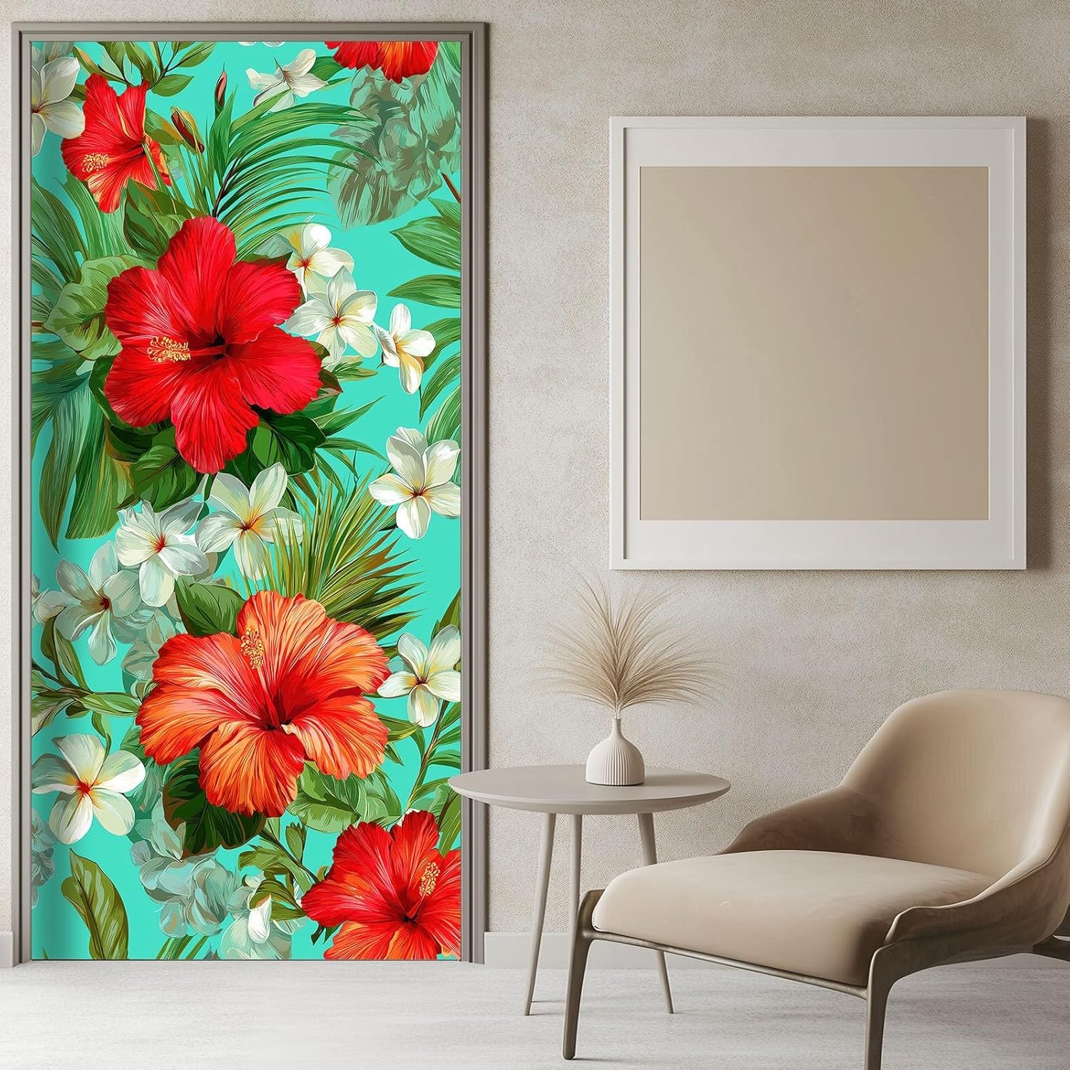 Sticker Porte Plantes Tropicales, Stickers Porte Trompe L'oeil Fleurs Autocollant Poster Auto-Adhésif Art Décor Pour Chambre Salon Salle de Bain Papier Peint 95x215 cm 4741n