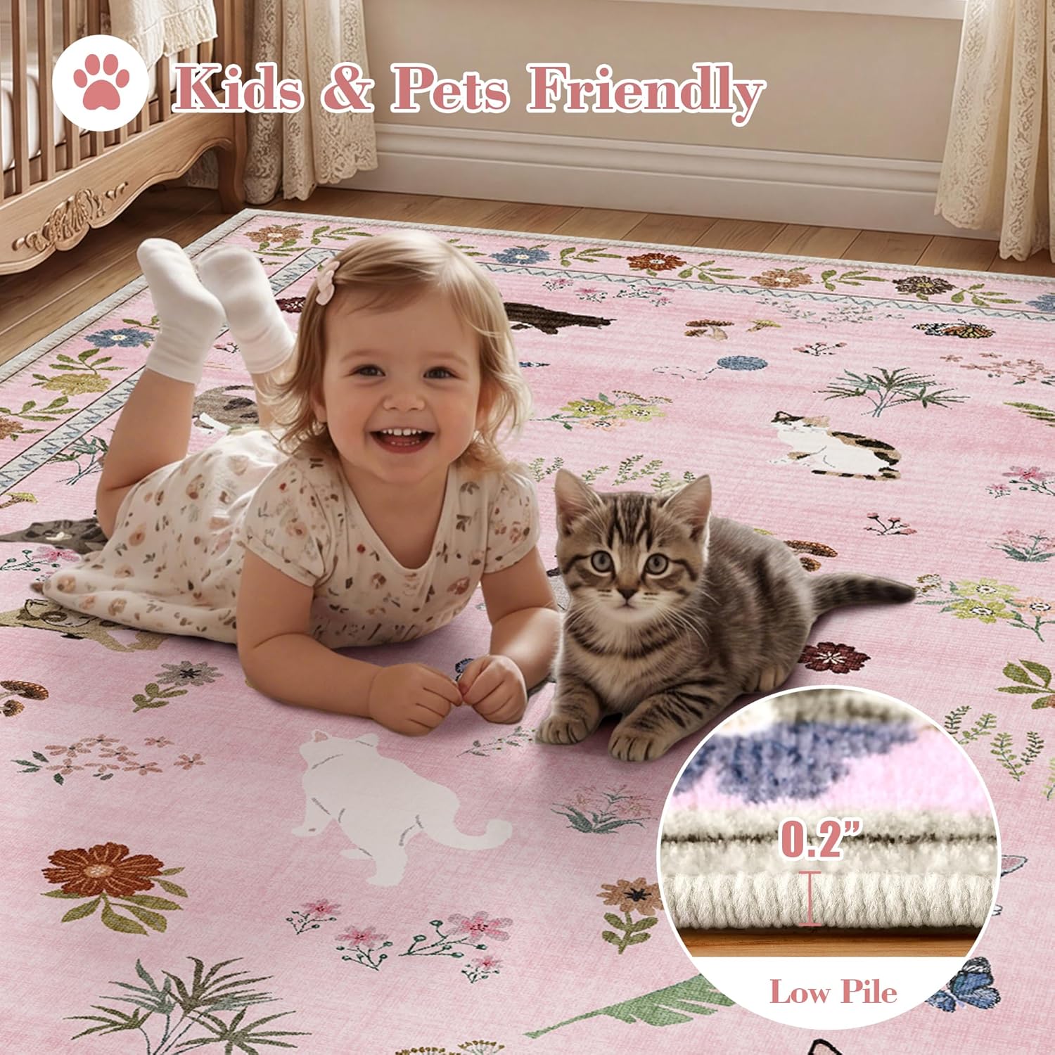 AIMPEAK Pink 4x6 Washable Area Rug - Non Slip Low Pile Cat Floral Boho Medium Carpet for Living Room, Bedroom, Nursery, Girls' Room, Entryway, Farmhouse, Kids Playroom, Pink Multi
