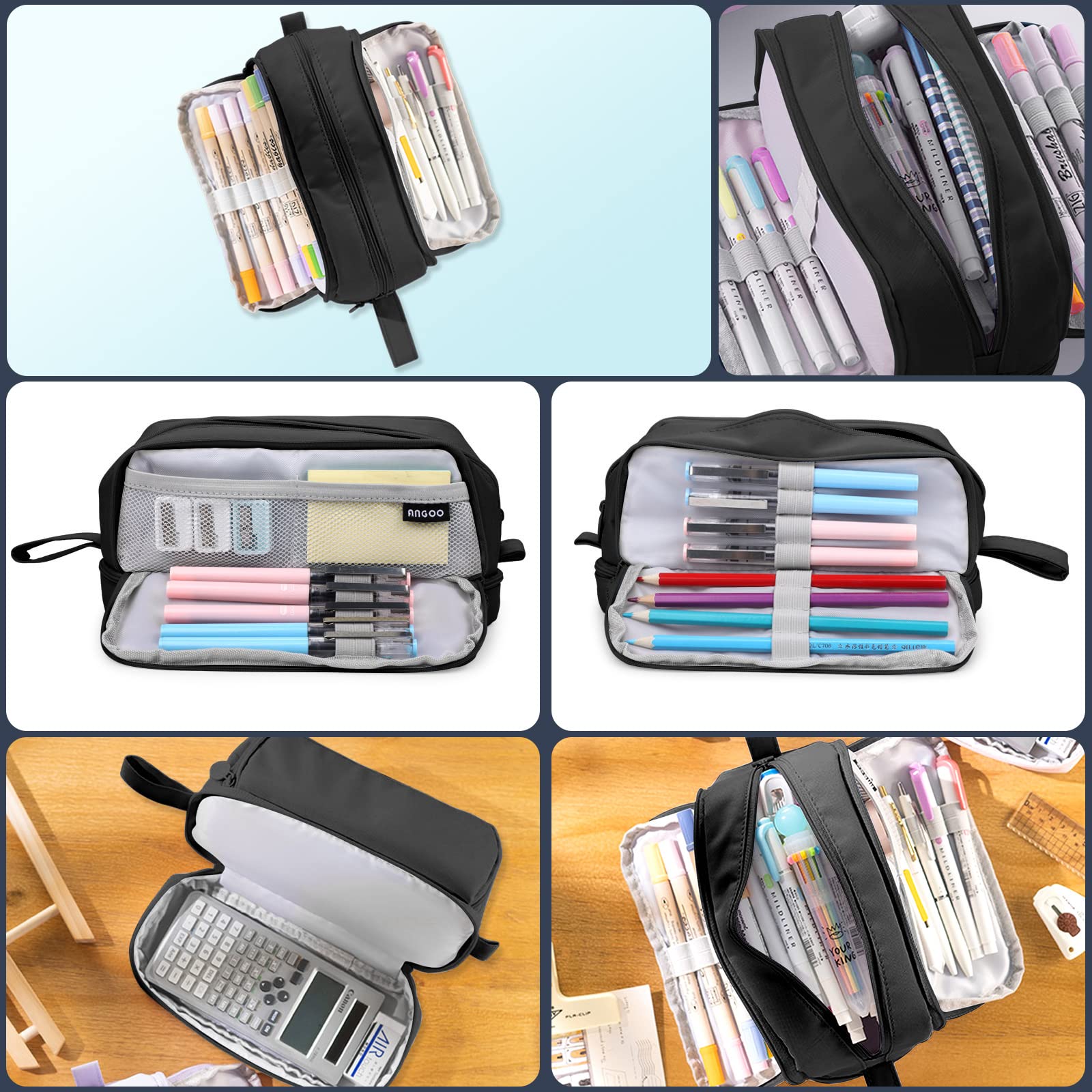 Grande Trousse à Crayons 4 Compartiments, Extensible, Noir Profond