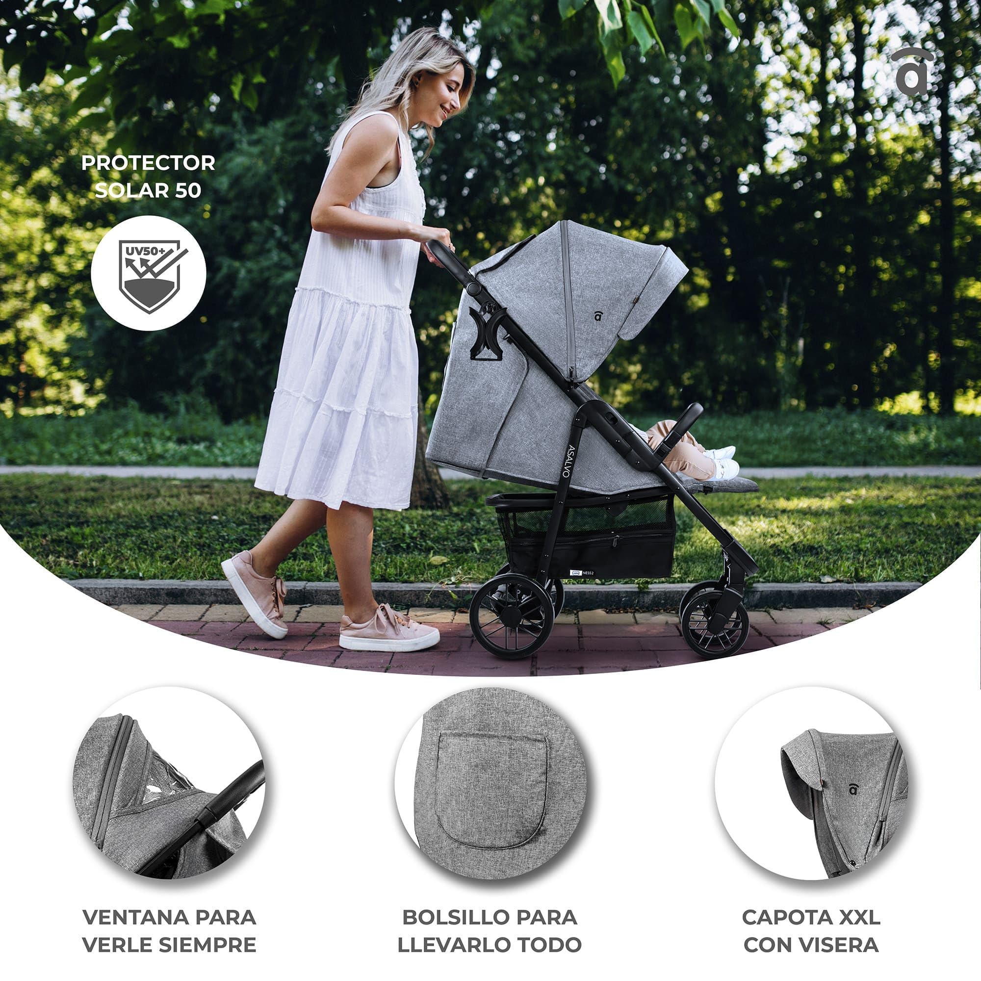 Asalvo NESS 2 Silla de Paseo para bebé, Carrito de paseo con Respaldo Reclinable, Cochecito urbano, Arnés 5 Puntos, SPF50+, Gran Capota con Ventana, Manejable y Máxima Seguridad Hasta 24 kg, Gris