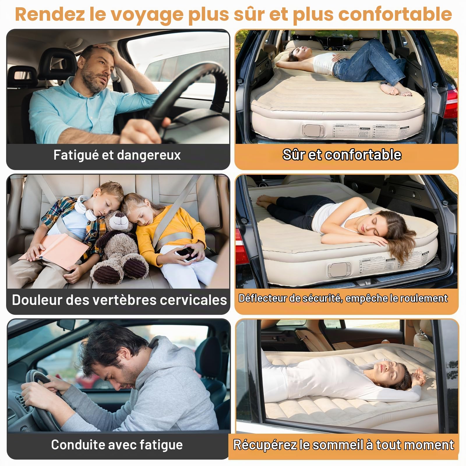 KMZ Matelas gonflable pour SUV avec pompe intégrée et 2 oreillers, PVC floqué épais, matelas gonflable à gonflage rapide en 90 secondes, portable et durable pour camping, voyage, camion