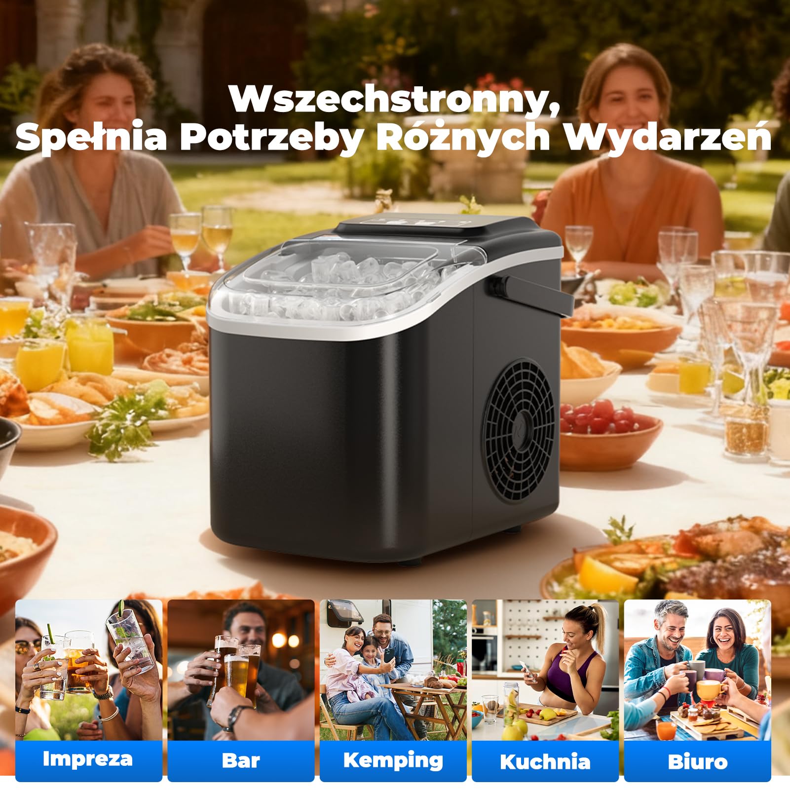 Maszyna do Lodu 12KG/24H, Samoczyszczenie, Zbiornik 1.2L, 2 Rozmiary Kostek Lodu (S/L), Wskaźniki Pełny Pojemnik & Brak Wody, Kompaktowa do Kuchni/Biura/Imprez, Czarny