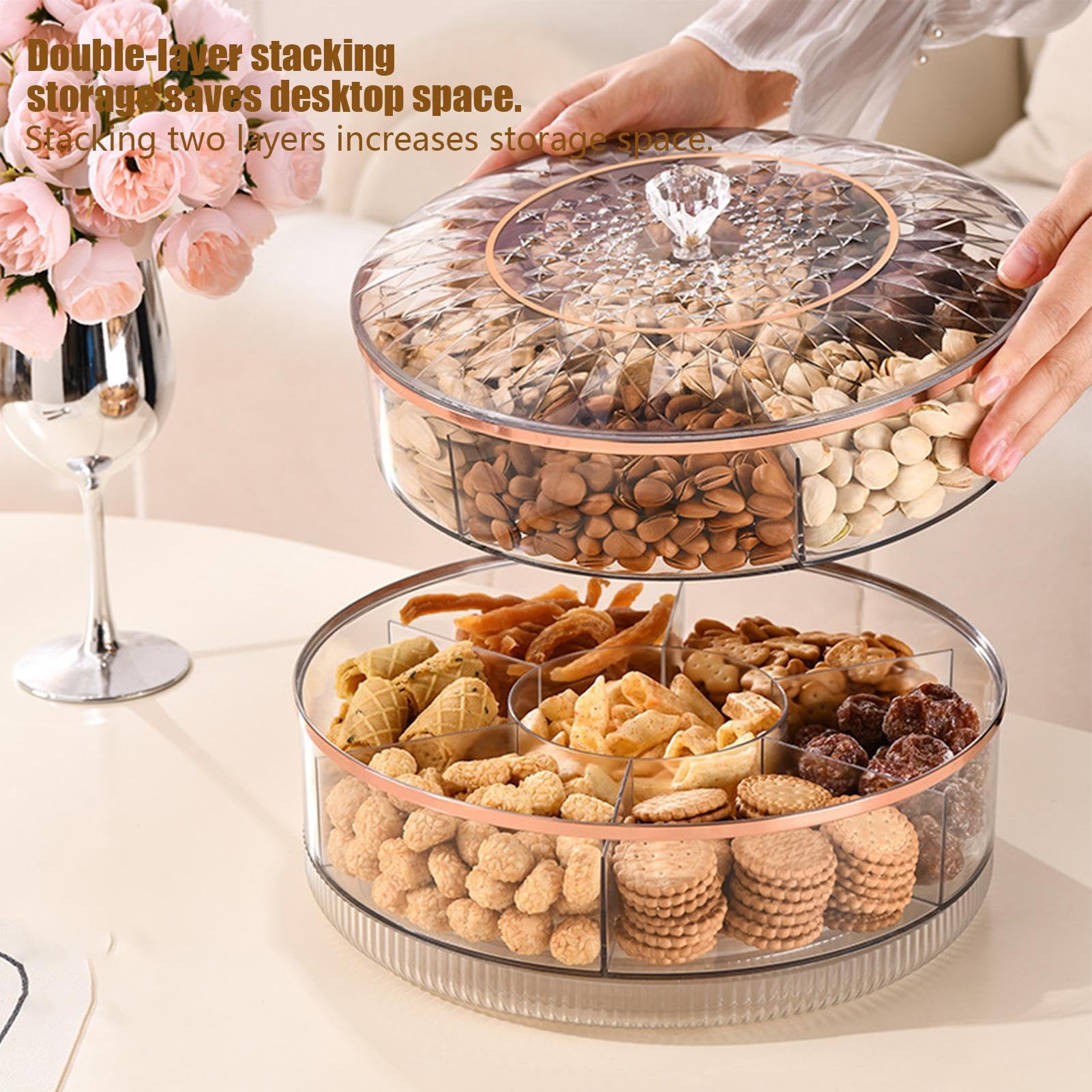 Bandeja de servir con divisiones Contenedor Giratorio de 7 Compartimentos | Bandeja de snacks con asa Para Frutos Secos, Almacenar, Servir, , Picnics, Bodas y Eventos