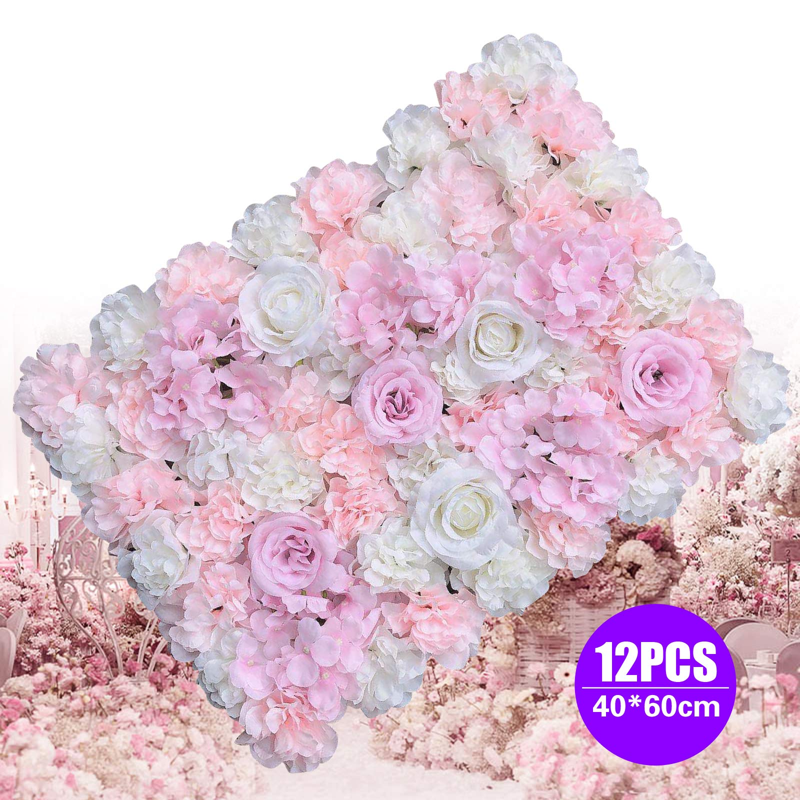 12 Stücke Künstliche Blumenwand Kunstblumen Panel für Garten Hochzeit Dekor 60 x 40cm Lila Weiß