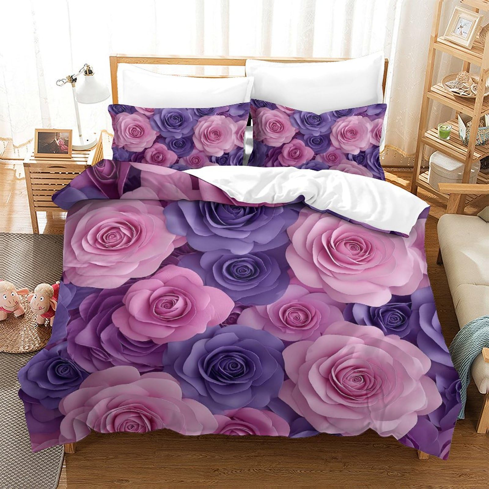 Parure de lit 3 pièces motif roses housse couette 200x200