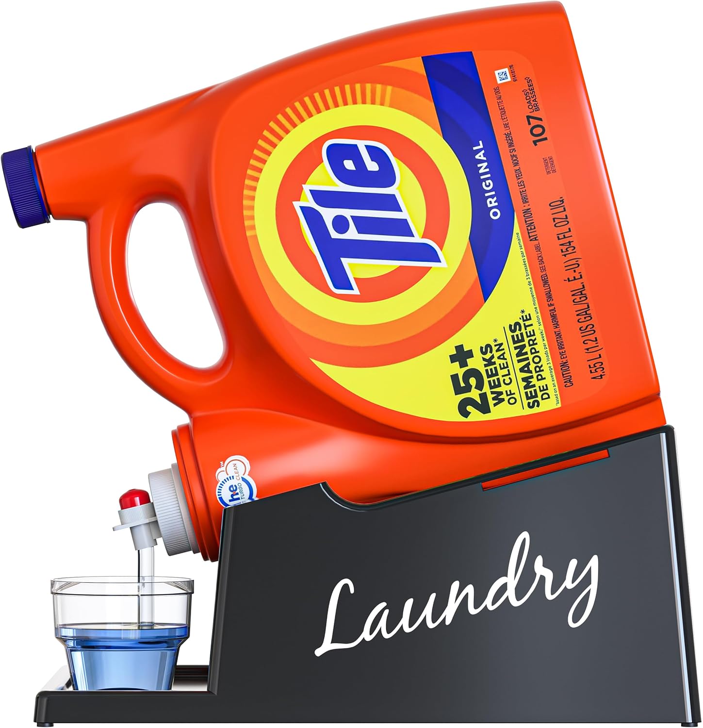 TidyFriend Liquid Laundry Detergent Holder Stand with Drip Tray & Rubber-Grip Feet, Stand for Laundry Room Organization and Storage, Fabric Softener Dispenser with Cup Holder (Black with Print)