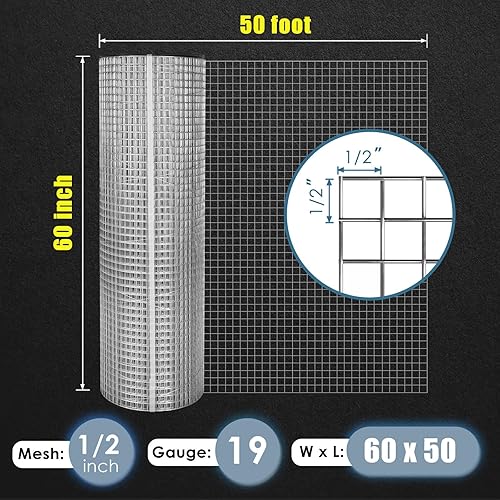 Miniatura 2 de GOLDPEAK GoldPeak Tela Metálica de 60 pulgadas x 50 pies con malla de 1/2 pulgada calibre 19 - Rollo de cerca de alambre para pollos, cerca